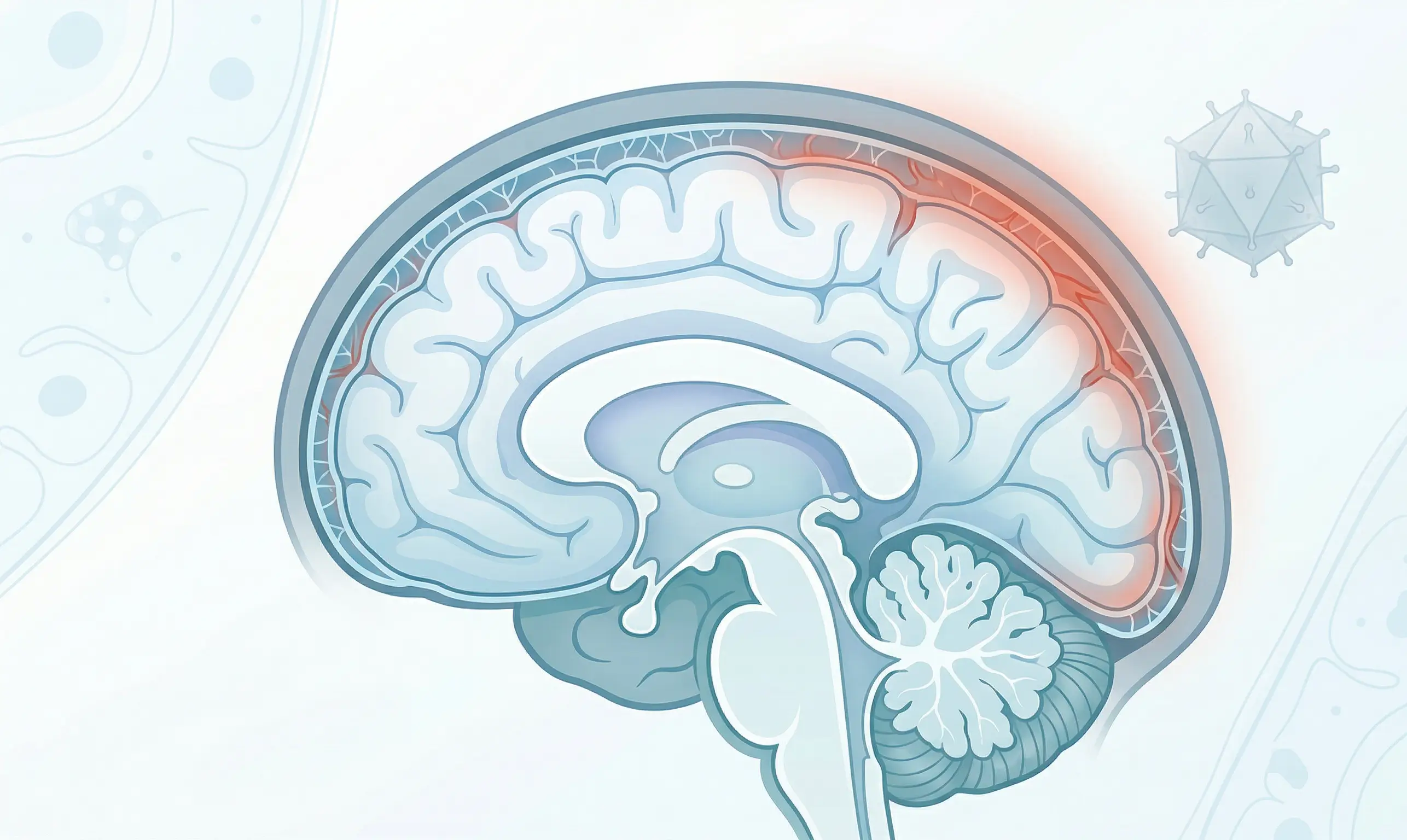 Illustration médicale d'une méningite virale montrant l'inflammation des méninges du cerveau.