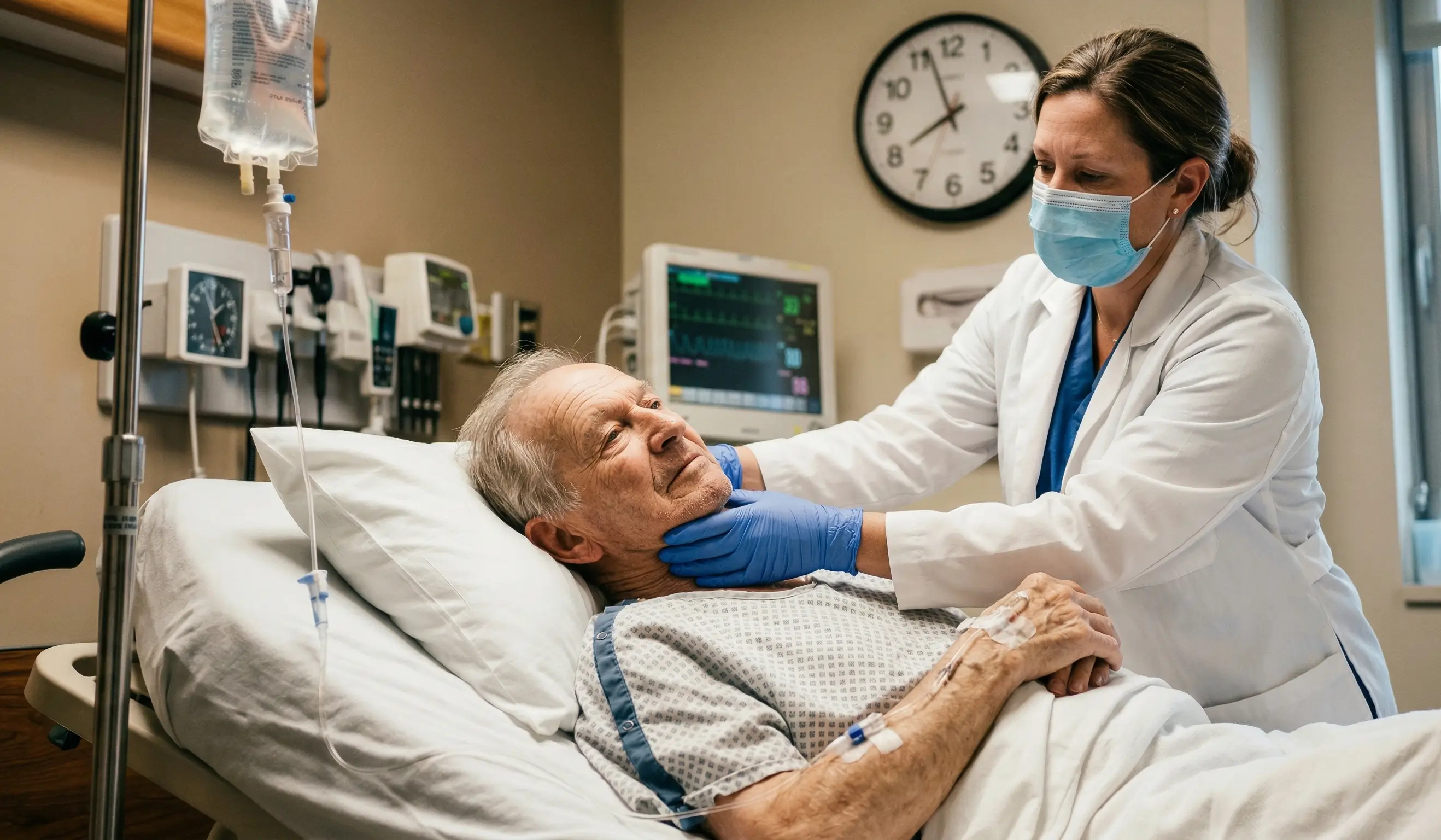 Médecin en blouse blanche examinant la nuque d'un patient âgé hospitalisé pour suspicion de méningite bactérienne