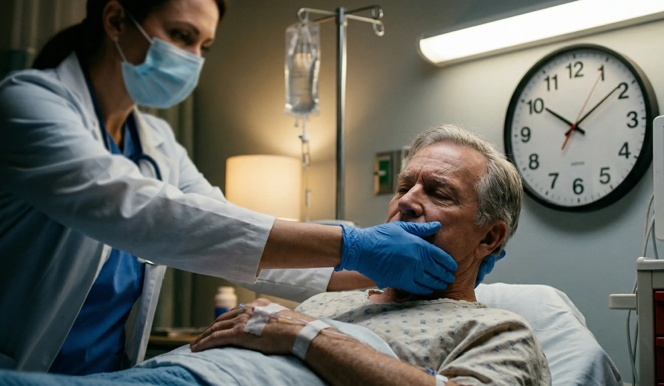 Médecin en urgence évaluant la raideur de nuque d'un patient alité pour diagnostiquer une méningite combien de temps pour agir