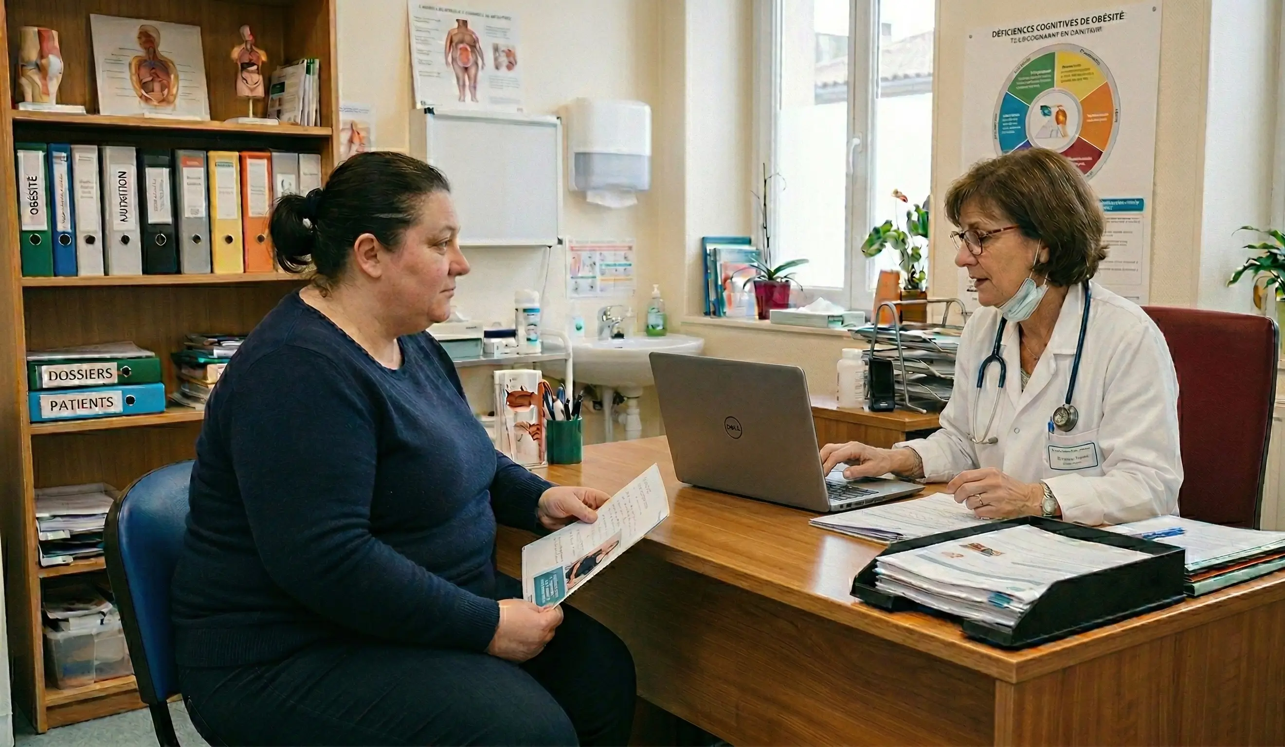 Médecin et patiente en consultation médicale pour l'obésité et la nutrition dans un cabinet.
