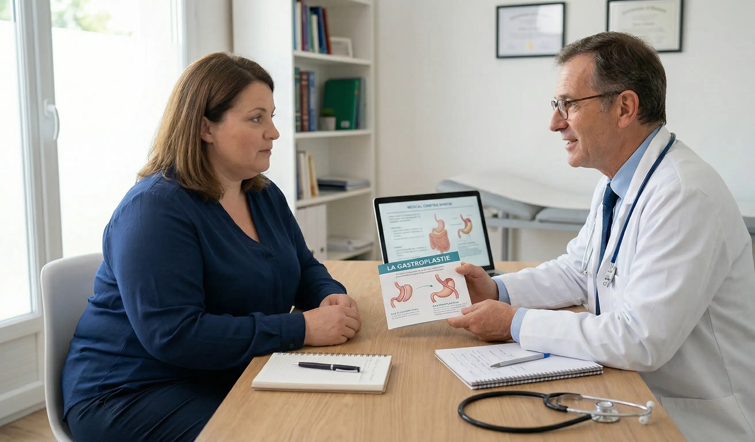 Médecin présentant une brochure d'information sur la gastroplastie à une patiente lors d'une consultation sur la chirurgie bariatrique.