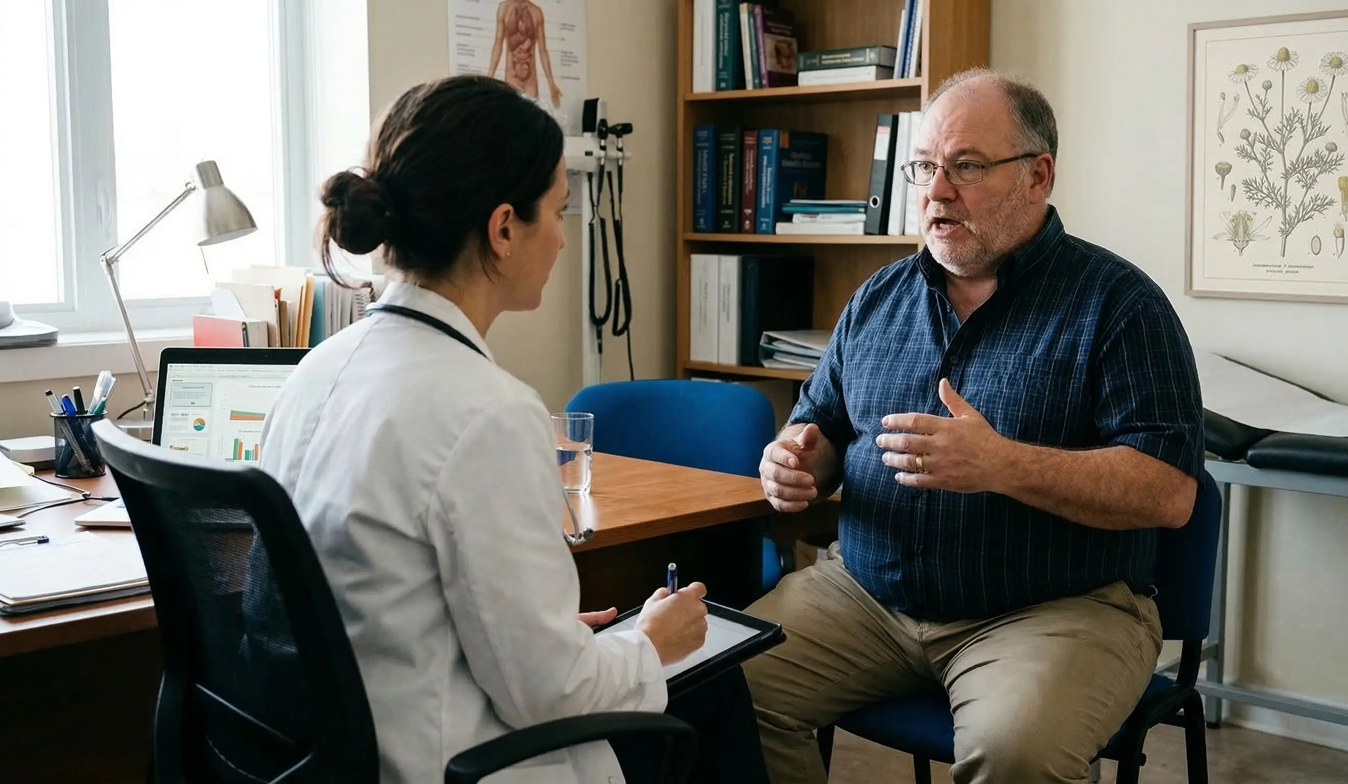 Patient échangeant avec son médecin traitant sur la prise en charge de l'obésité de classe 1 en cabinet médical.