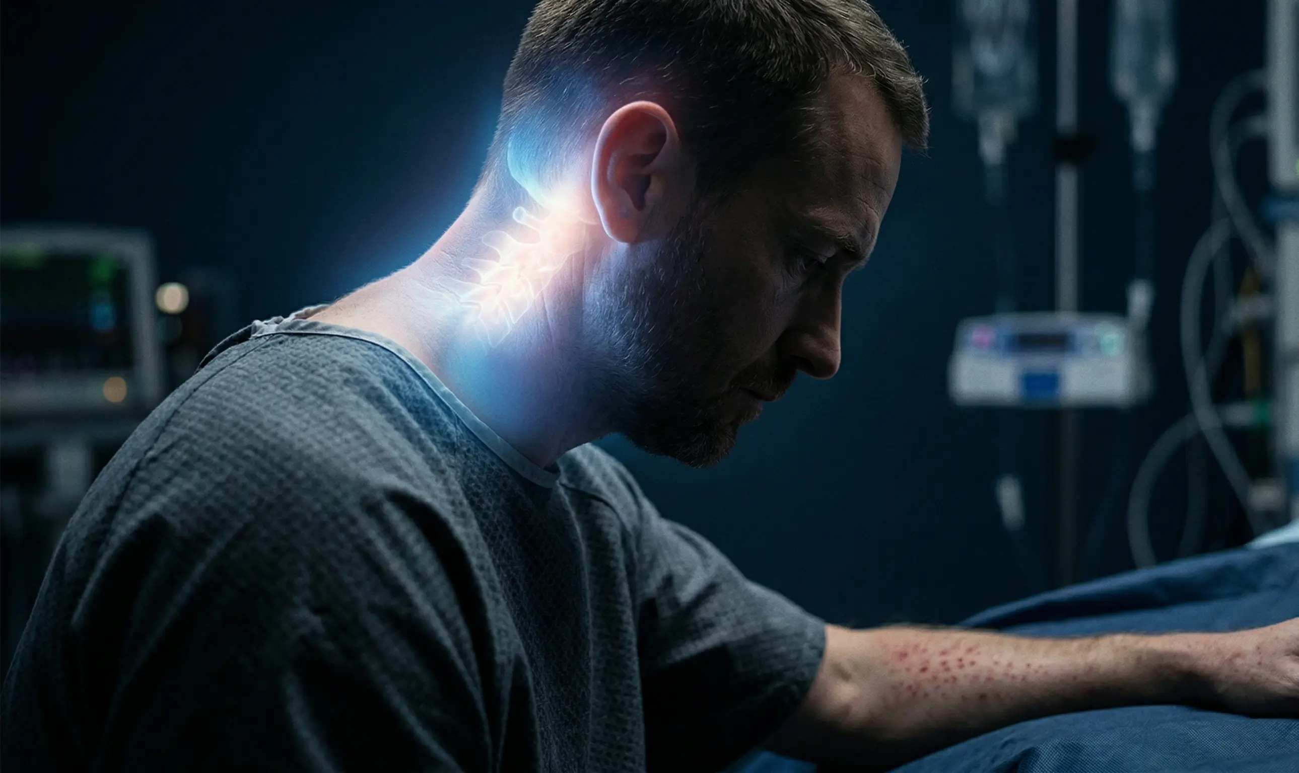 Patient hospitalisé de profil montrant une raideur de nuque douloureuse et une éruption cutanée pétéchiale, symptômes d'alerte d'une méningite aiguë.