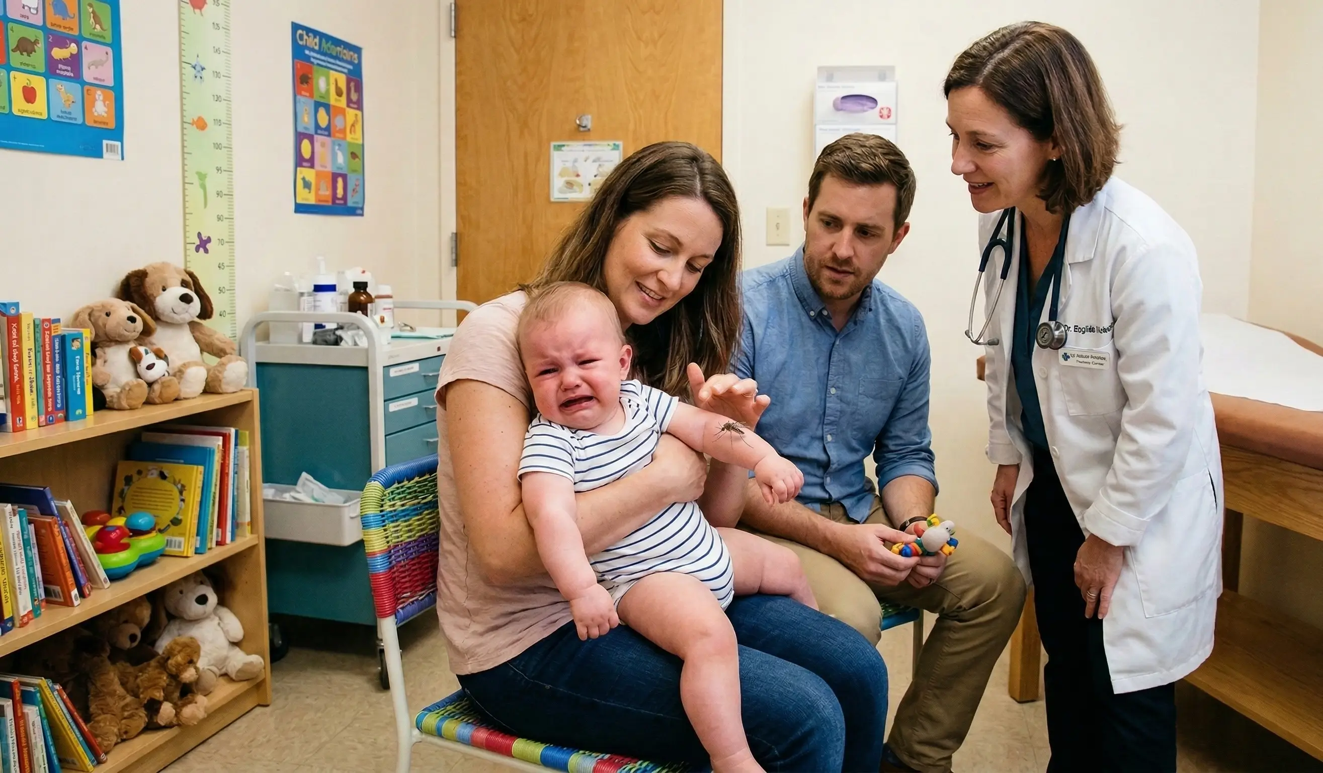 Un bébé en pleurs dans les bras de sa mère chez le médecin avec son père. La famille et la pédiatre observent un gros moustique qui pique le bras du nourrisson.