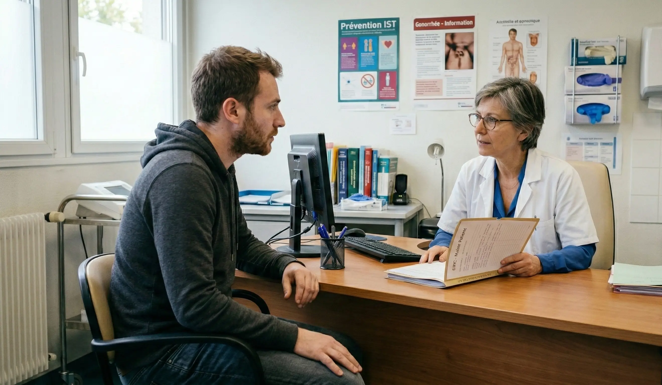 Un homme assis face à son médecin dans un cabinet médical classique écoute attentivement l'annonce de ses résultats.