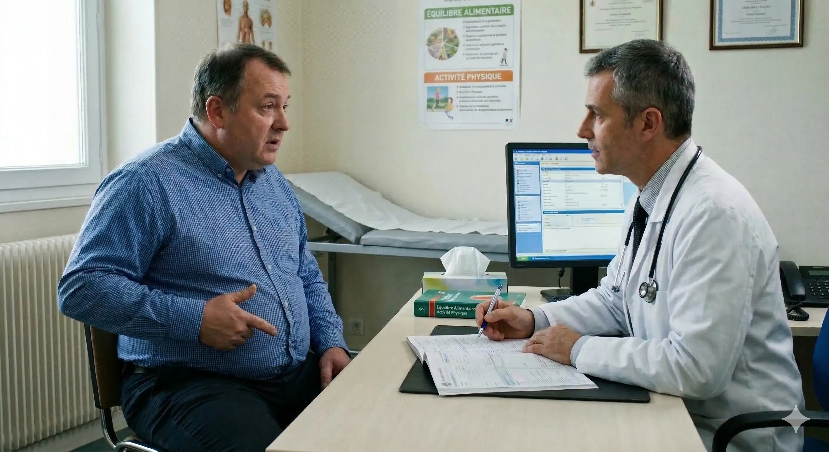 Un homme d'âge moyen consulte son médecin généraliste au sujet de son obésité abdominale dans un cabinet médical