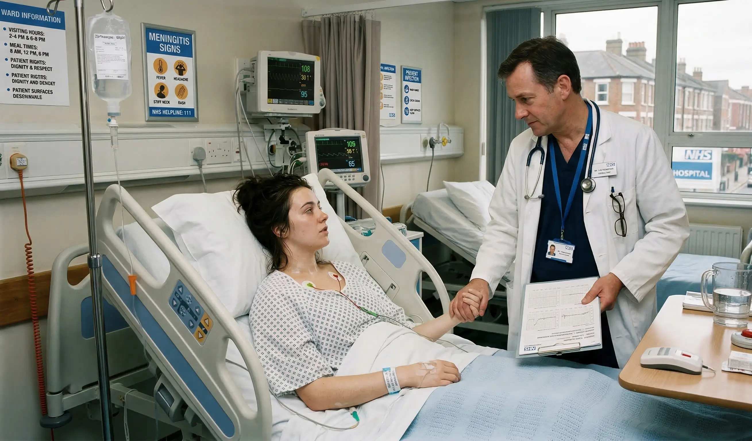 Un médecin en blouse blanche console une patiente dans une chambre d'hôpital de l'NHS au Royaume-Uni.