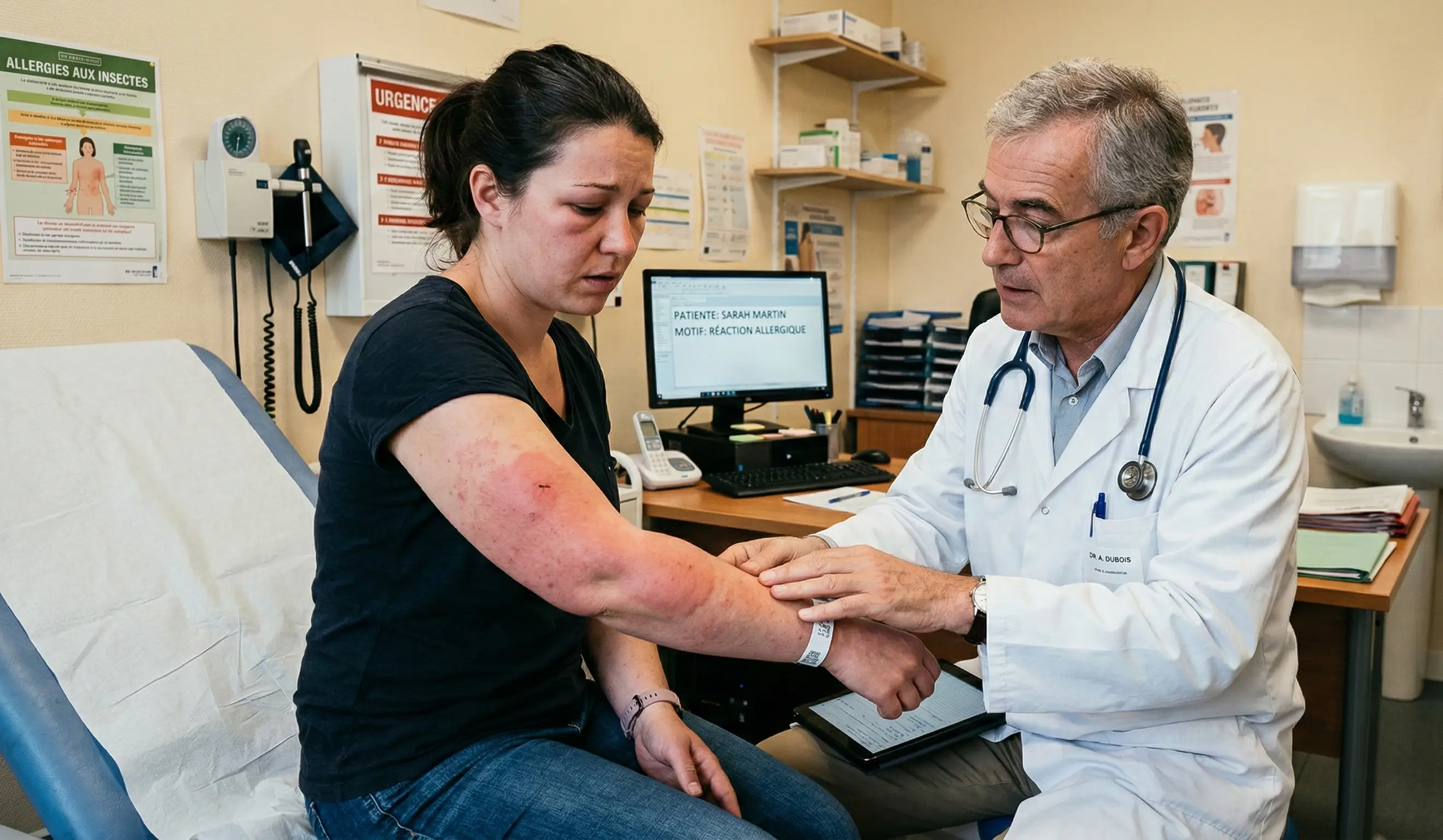 Un médecin examine en cabinet le bras fortement rougi et enflé d'une patiente souffrant d'une sévère réaction allergique.