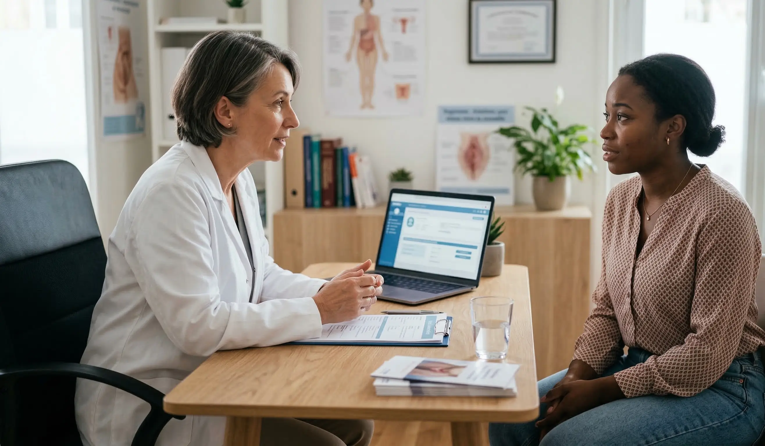 Une consultation médicale empreinte d'écoute et de bienveillance entre une professionnelle de santé et sa patiente au sujet du vaginisme.