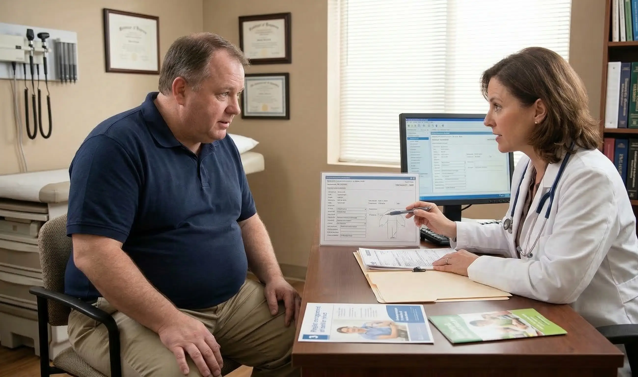 Une femme médecin expliquant des informations de santé à un patient assis à son bureau lors d'une consultation.