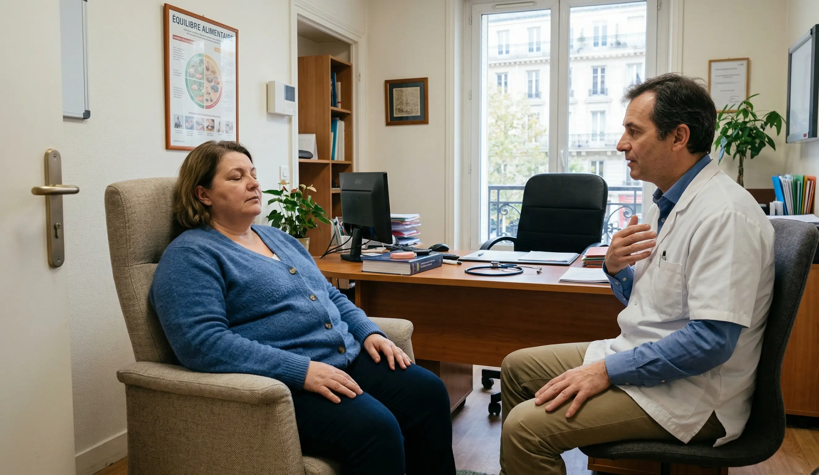 Une patiente assise les yeux fermés consulte un médecin nutritionniste dans un cabinet médical parisien avec un poster sur l'équilibre alimentaire.