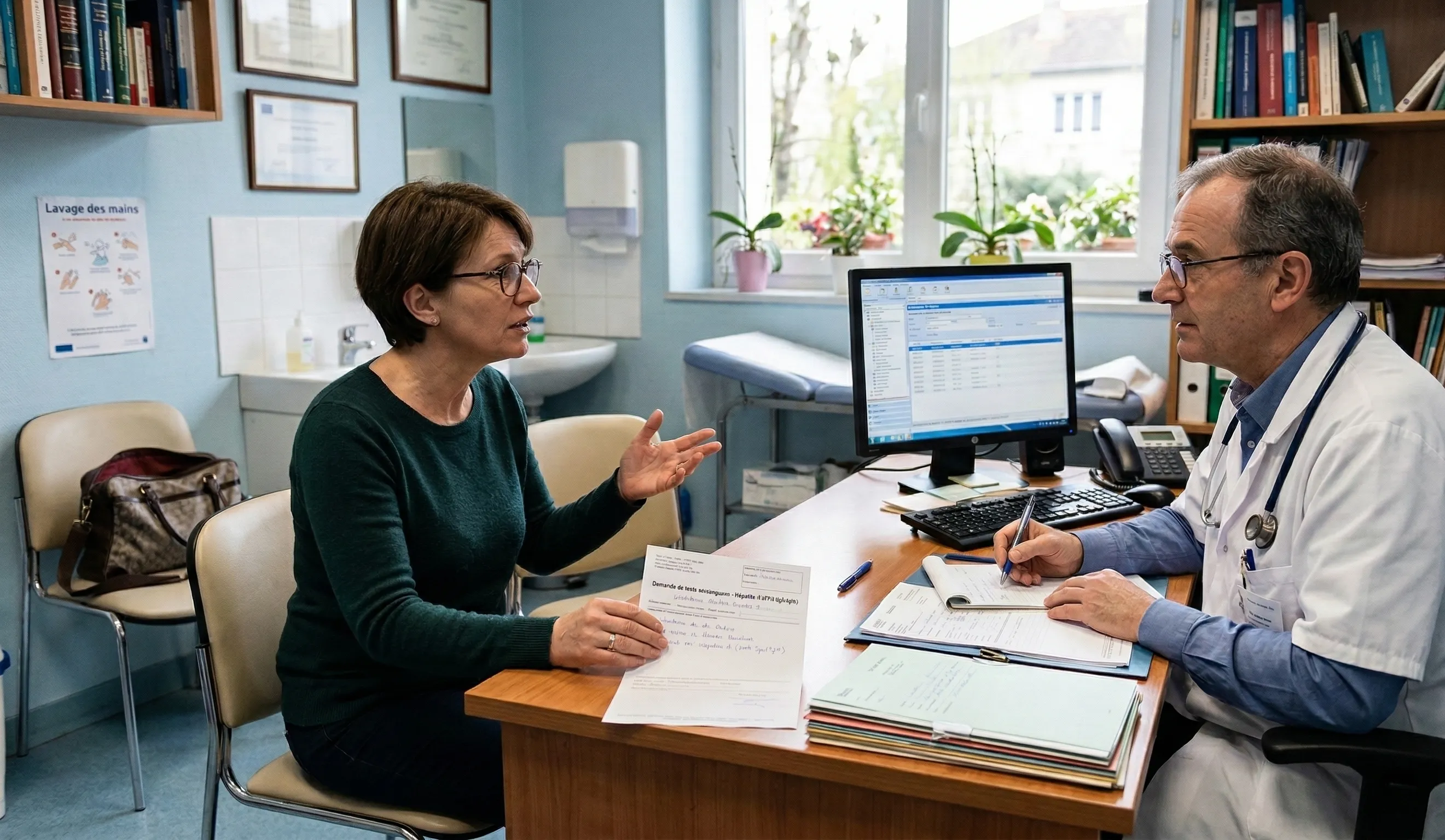 Une patiente en consultation dans un cabinet médical, tenant un document et discutant avec son médecin qui prend des notes.