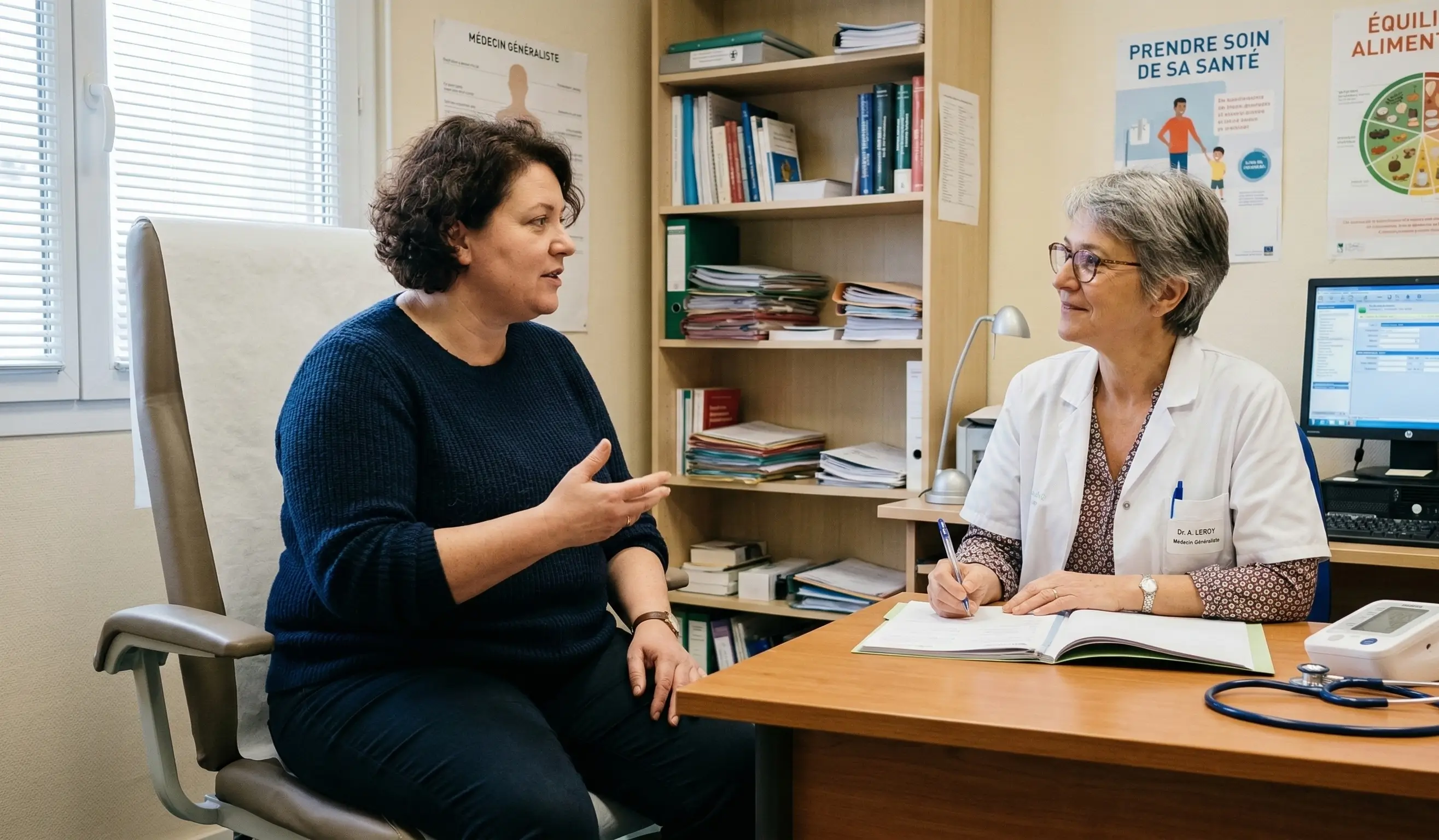 Une patiente présentant une obésité androïde discute avec son médecin traitant lors d'une consultation dans un cabinet médical.
