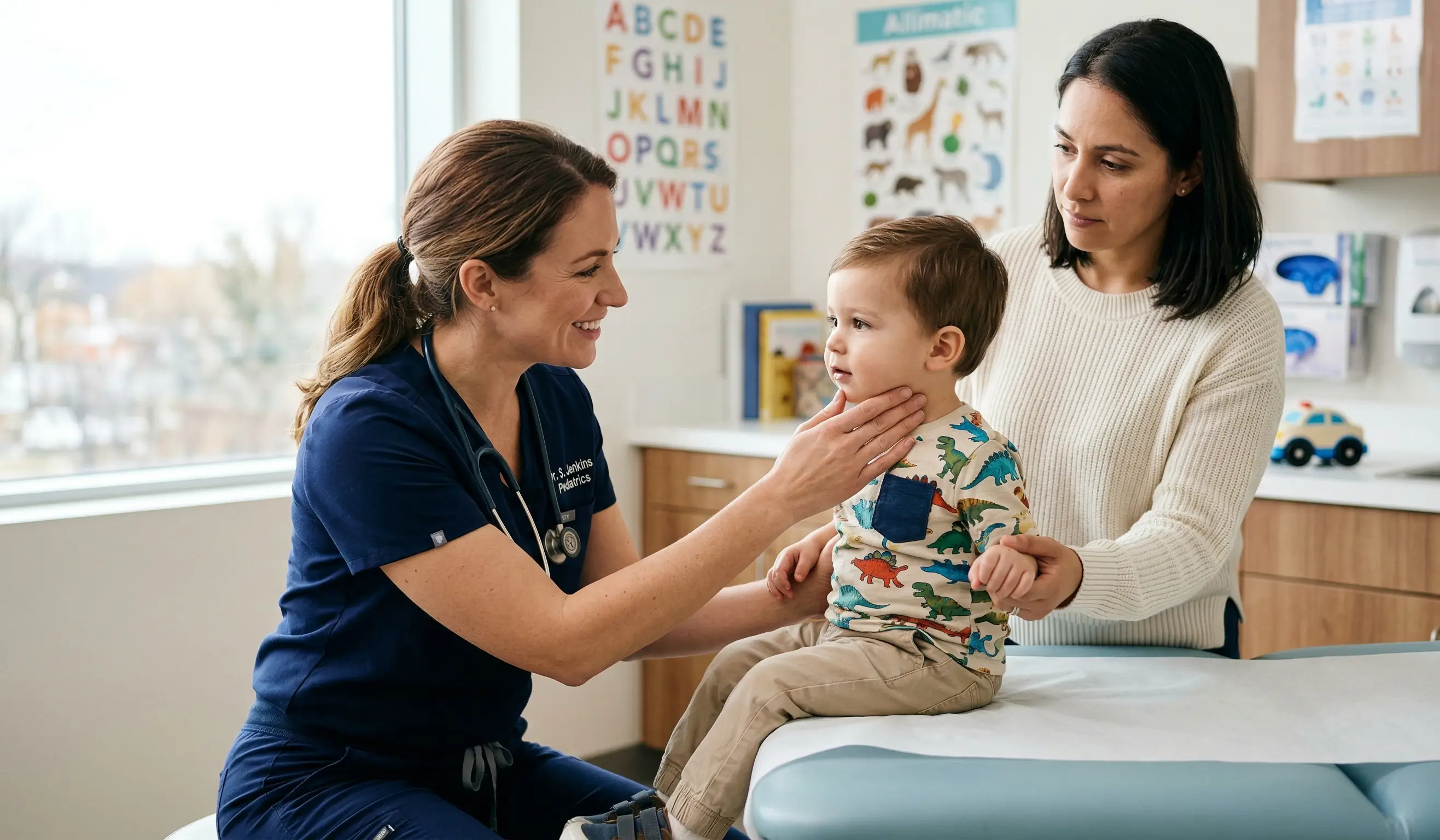 Une pédiatre souriante examine le cou d'un jeune suspectant une méningite chez l'enfant en présence de sa mère en cabinet médical