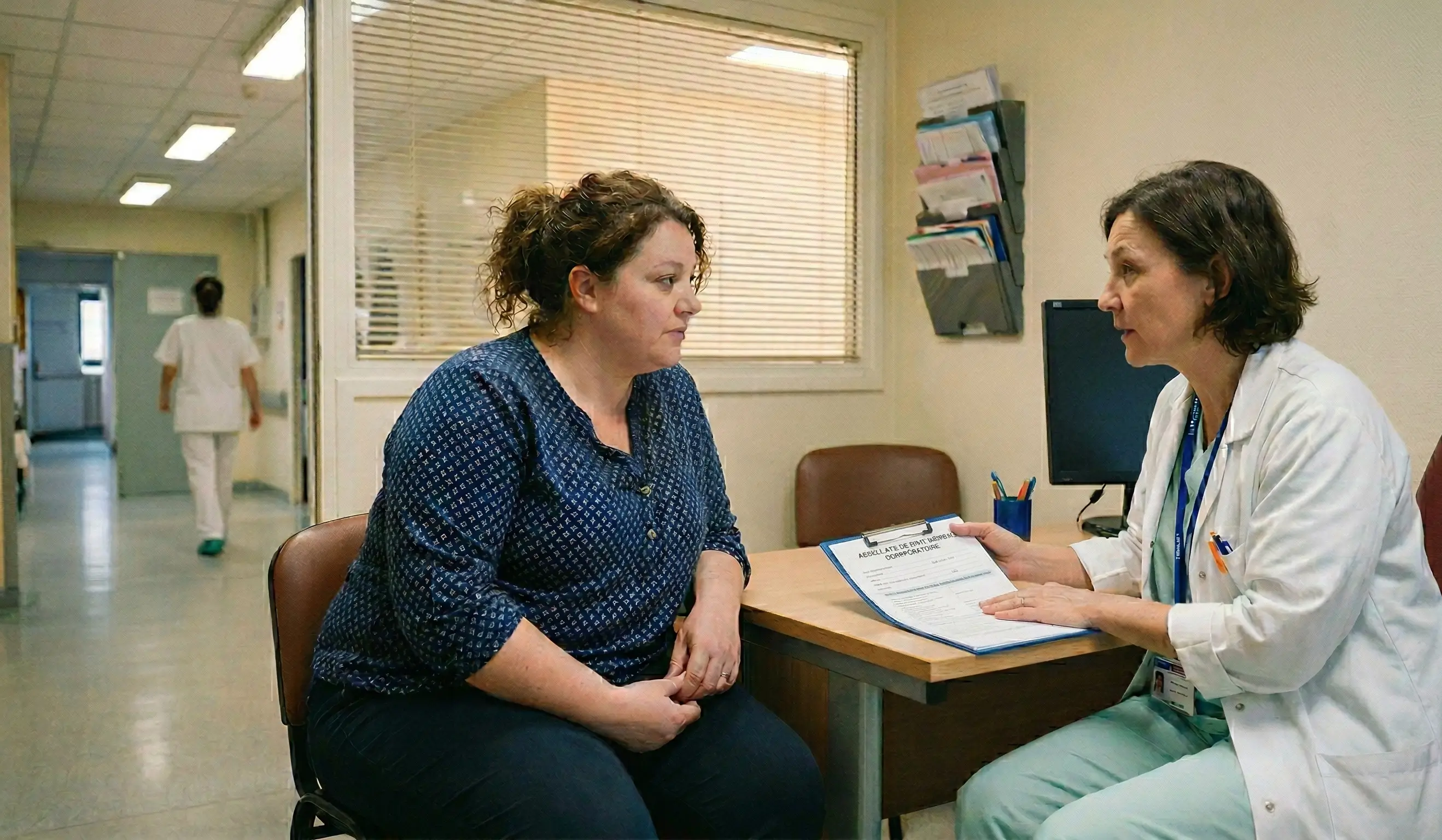 Une professionnelle de santé en blouse explique un dossier médical à une patiente attentive lors d'une consultation hospitalière
