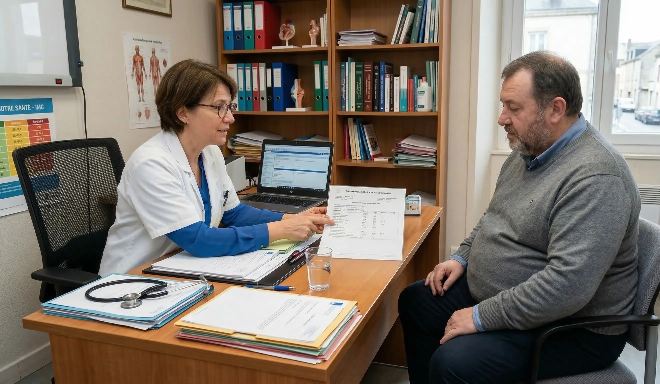 Médecin généraliste en blouse blanche expliquant des résultats médicaux sur papier à un patient en surpoids lors d'une consultation en cabinet