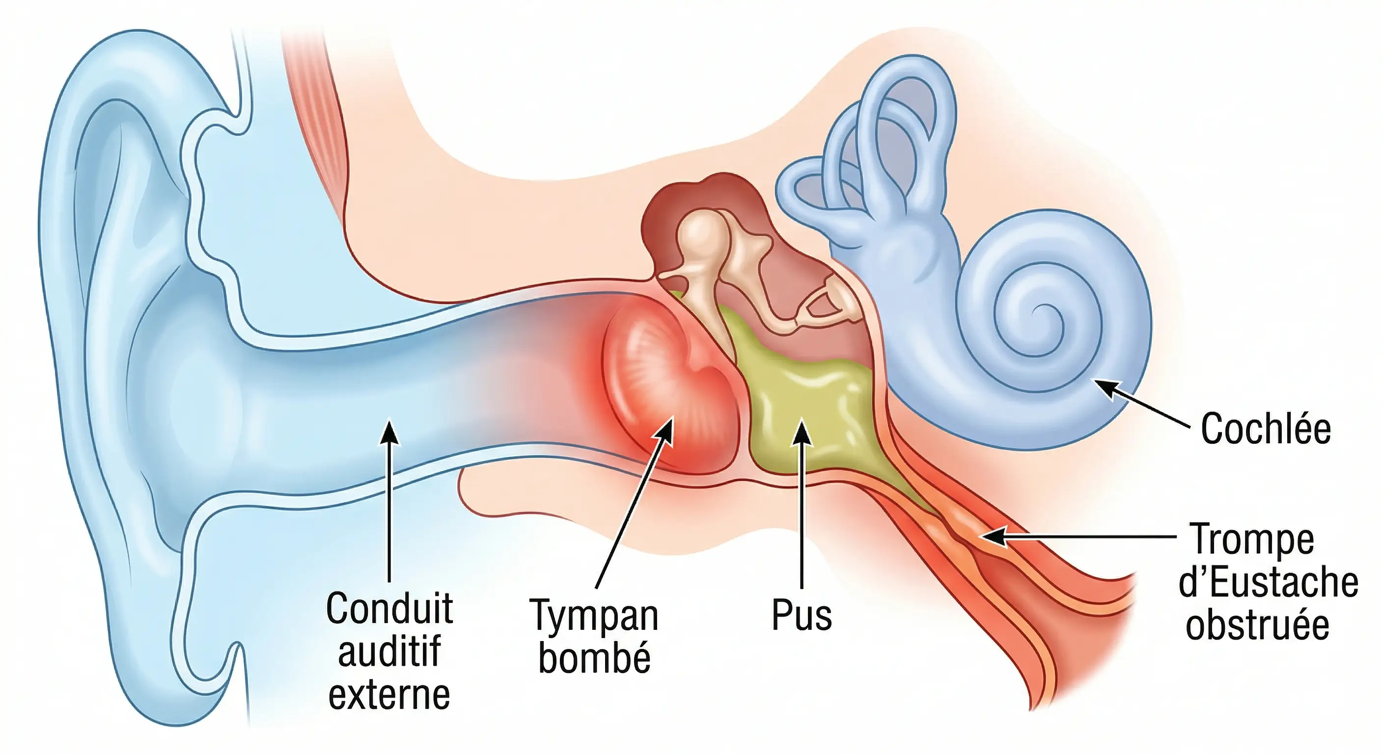 Coupe anatomique de l'oreille moyenne montrant un tympan bombé, du pus et une trompe d'Eustache obstruée lors d'une otite moyenne aiguë