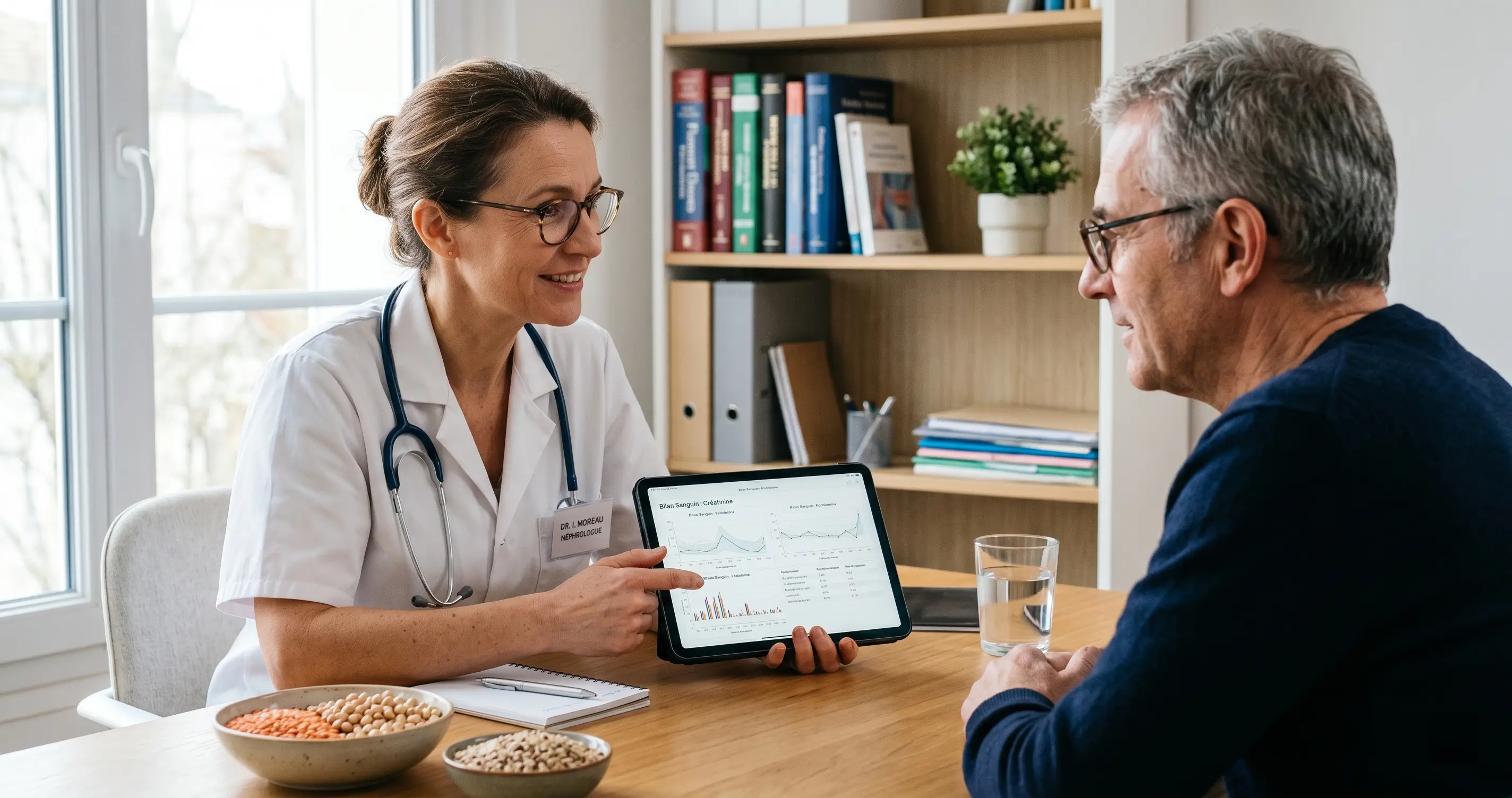 Médecin expliquant à un patient les risques du cadmium dans l'alimentation lors d'une consultation en cabinet médical