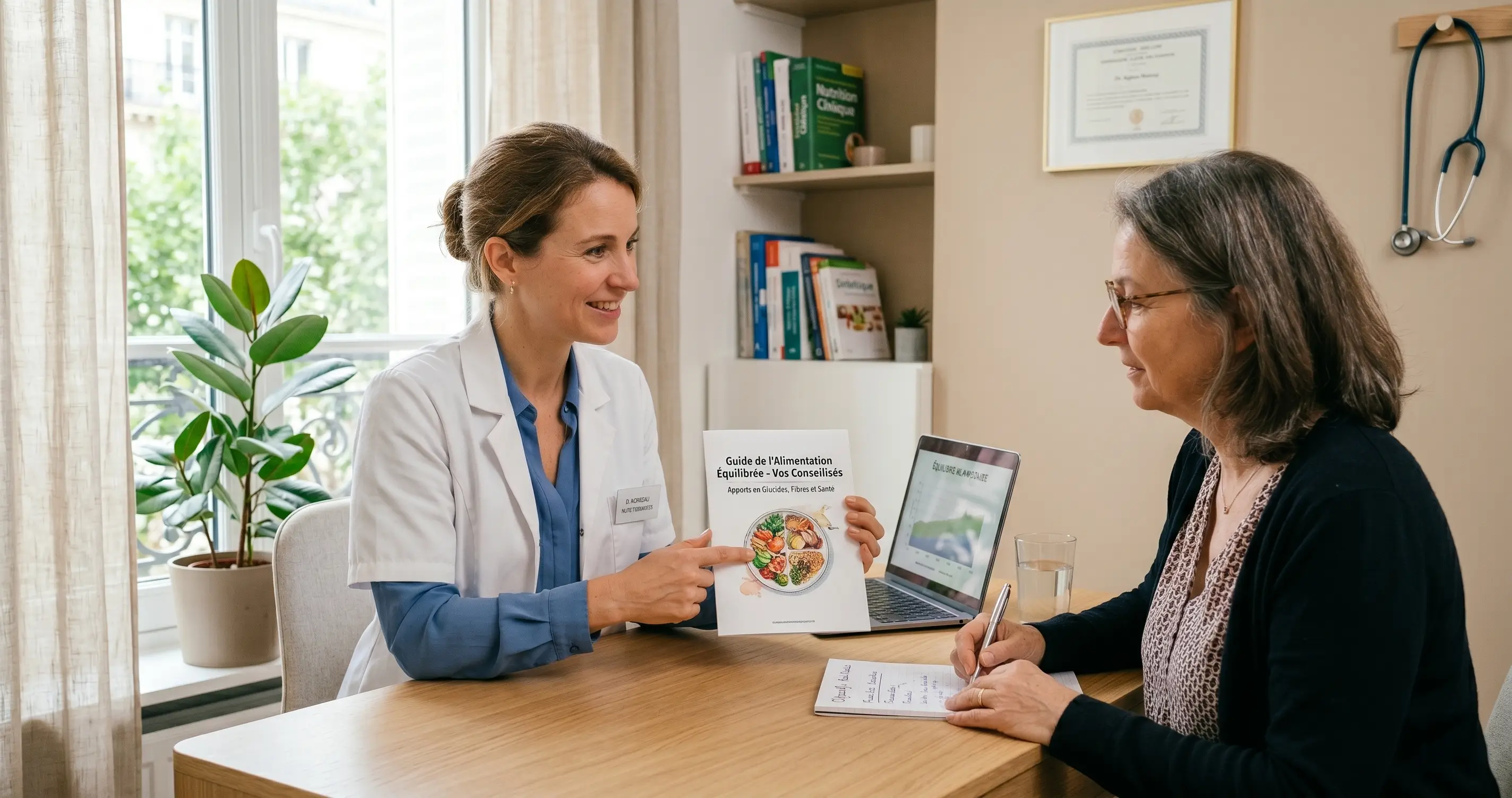 Nutritionniste expliquant à un patient les risques du cadmium dans le pain lors d'une consultation médicale