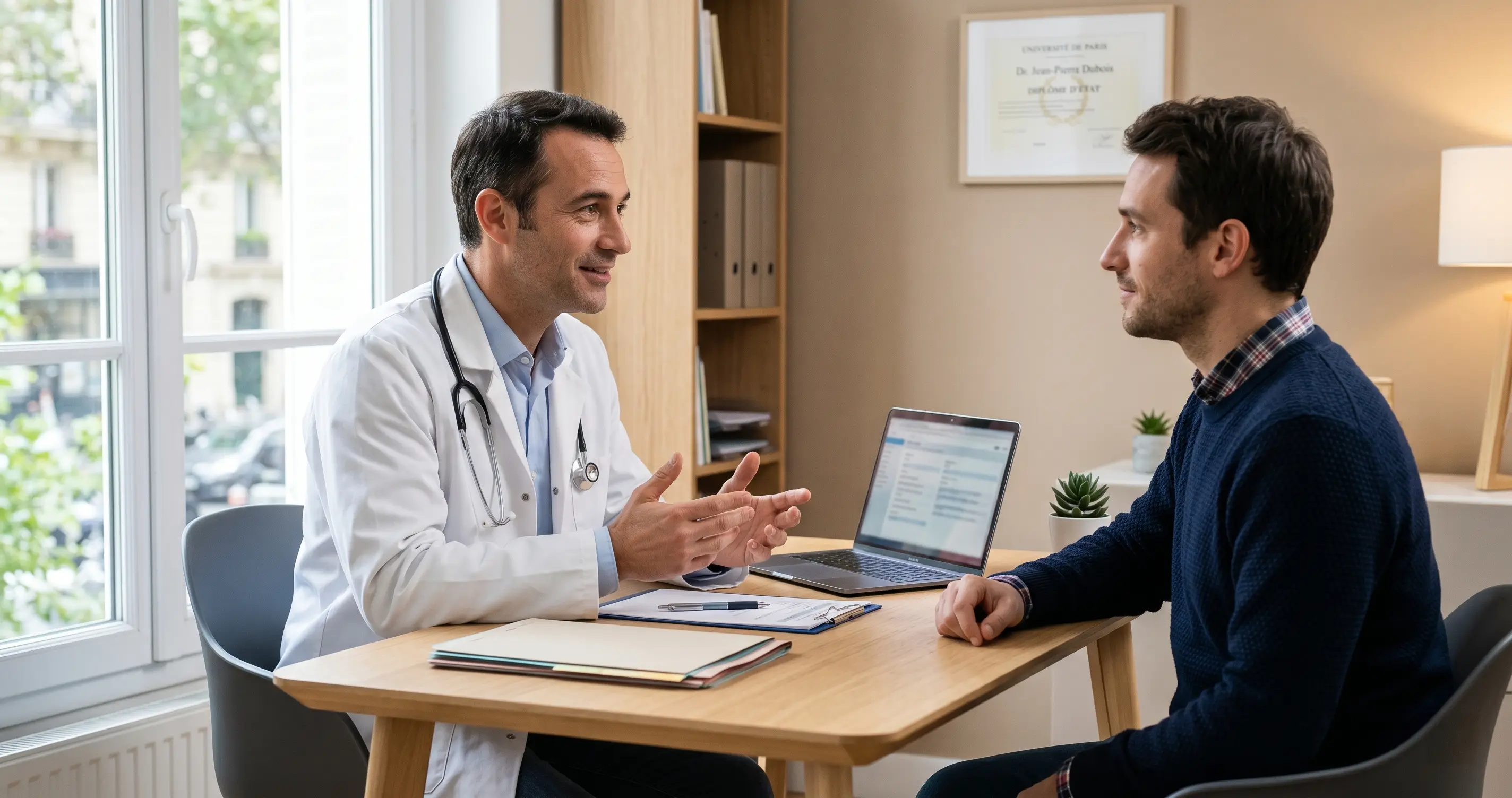 Homme en consultation avec un médecin généraliste pour le diagnostic d'un condylome lié au papillomavirus humain (HPV).