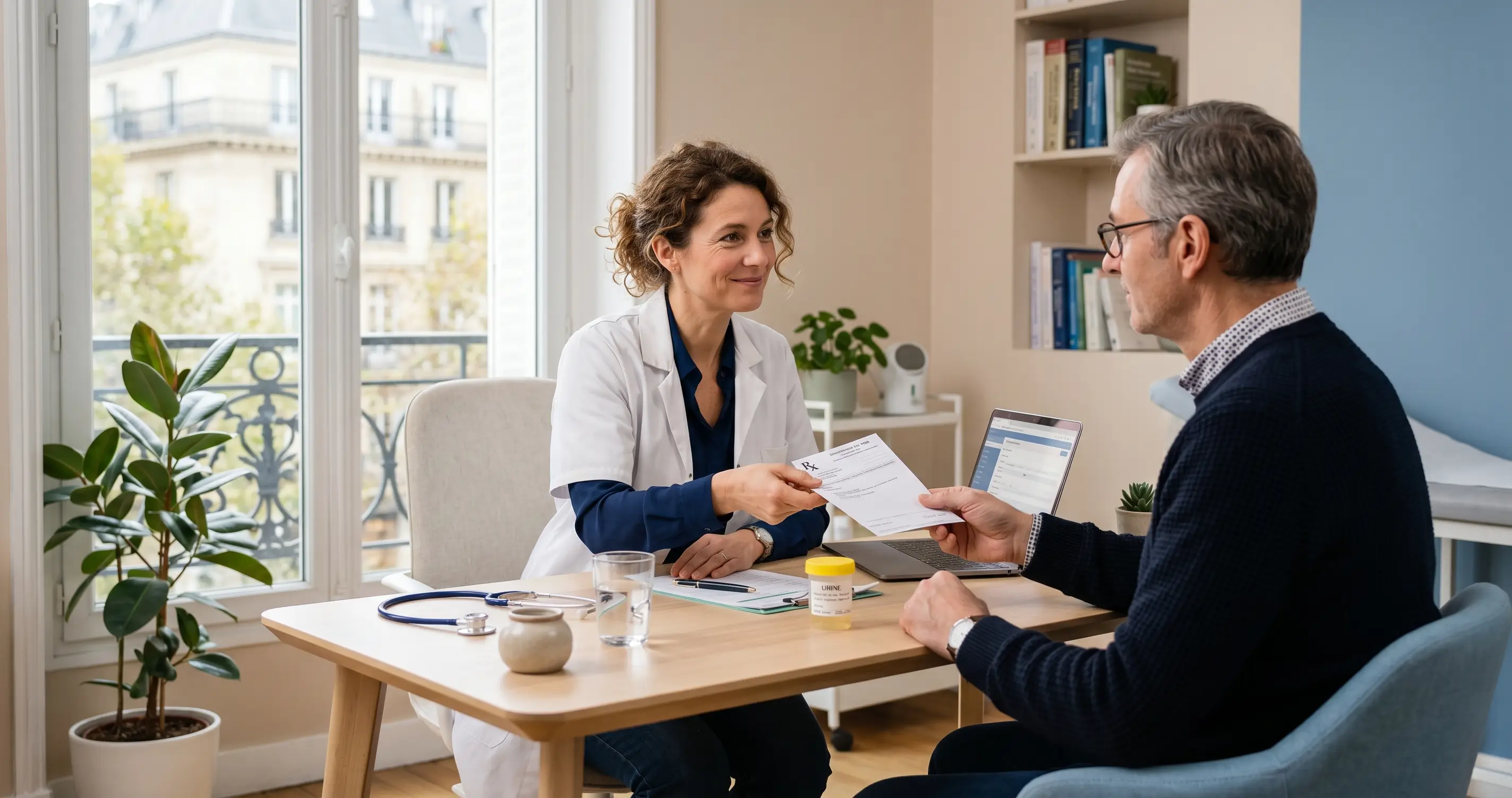 Médecin généraliste remettant à un patient une ordonnance pour un dépistage du cadmium par dosage urinaire en cabinet médical
