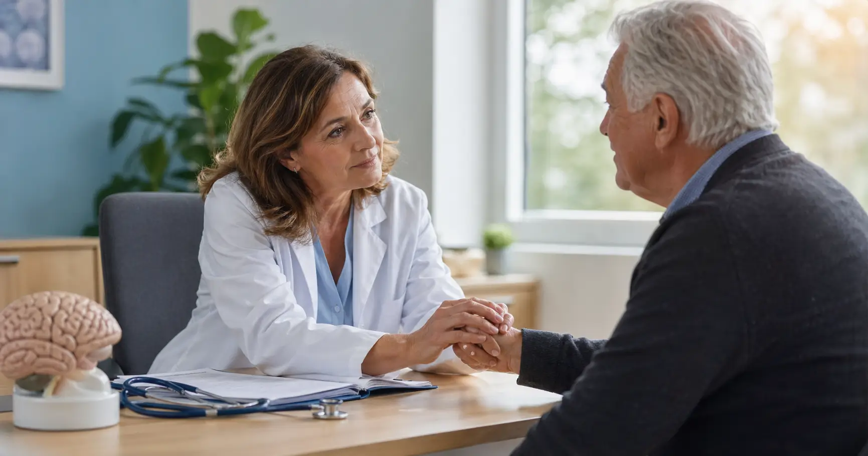 Neurologue accompagnant un patient âgé lors d'une consultation pour la maladie à corps de Lewy
