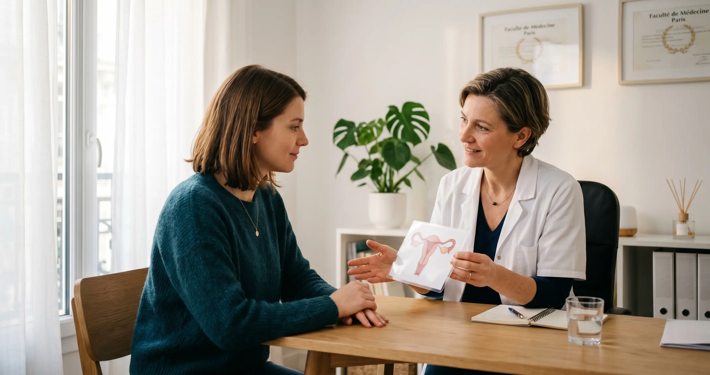 Gynécologue expliquant à une patiente le rôle de la perte blanche pendant l'ovulation lors d'une consultation