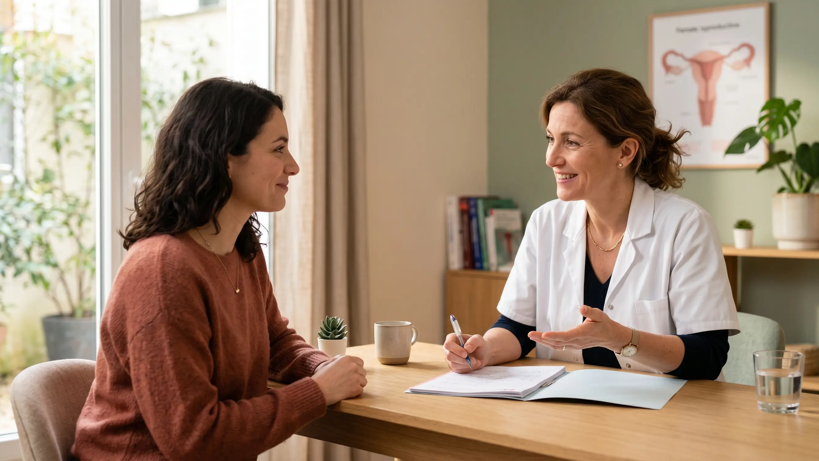 Gynécologue expliquant à sa patiente les pertes blanches avant les règles lors d'une consultation en cabinet médical