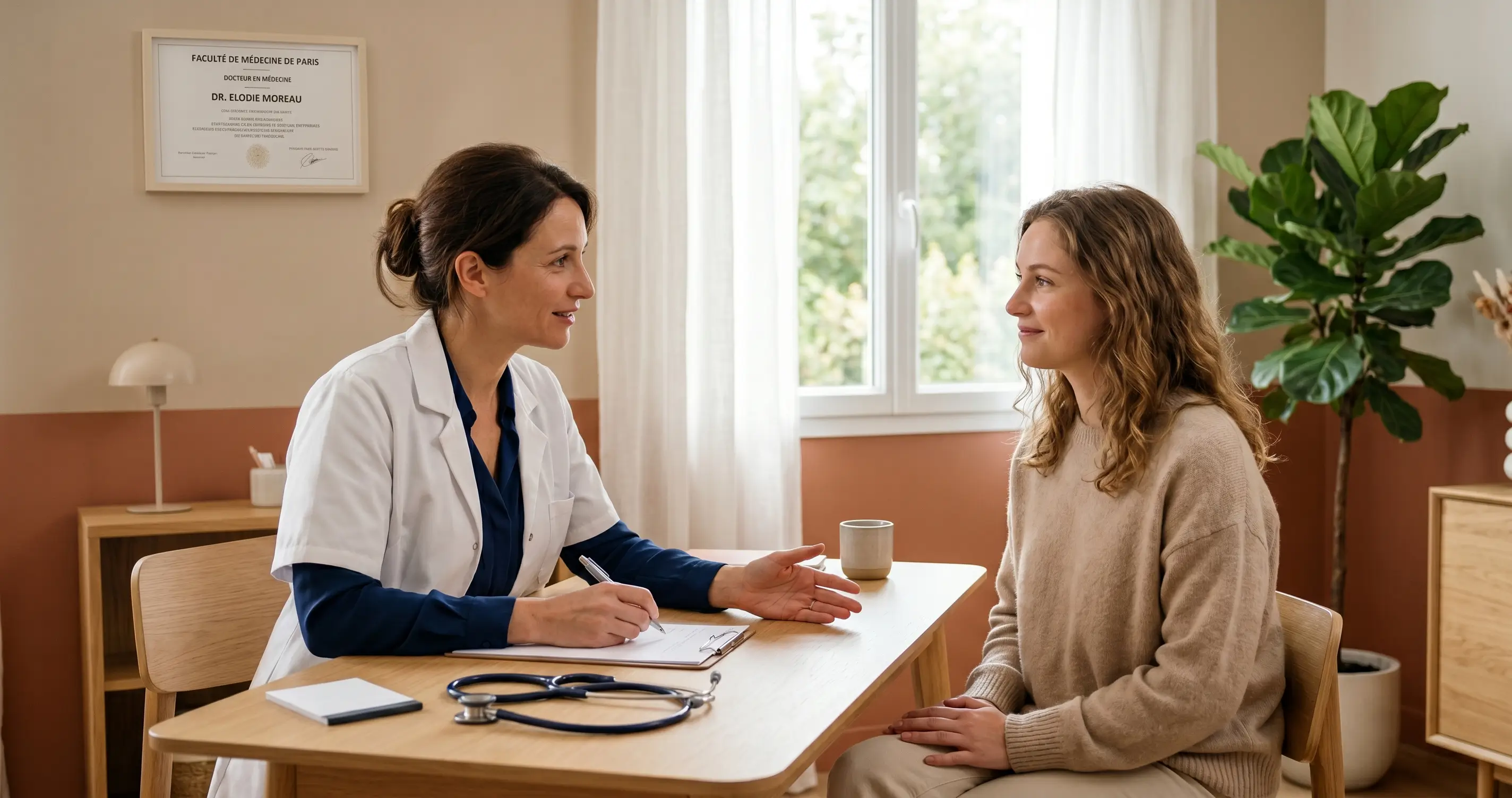 Gynécologue en consultation avec une patiente pour identifier la cause de ses pertes marron