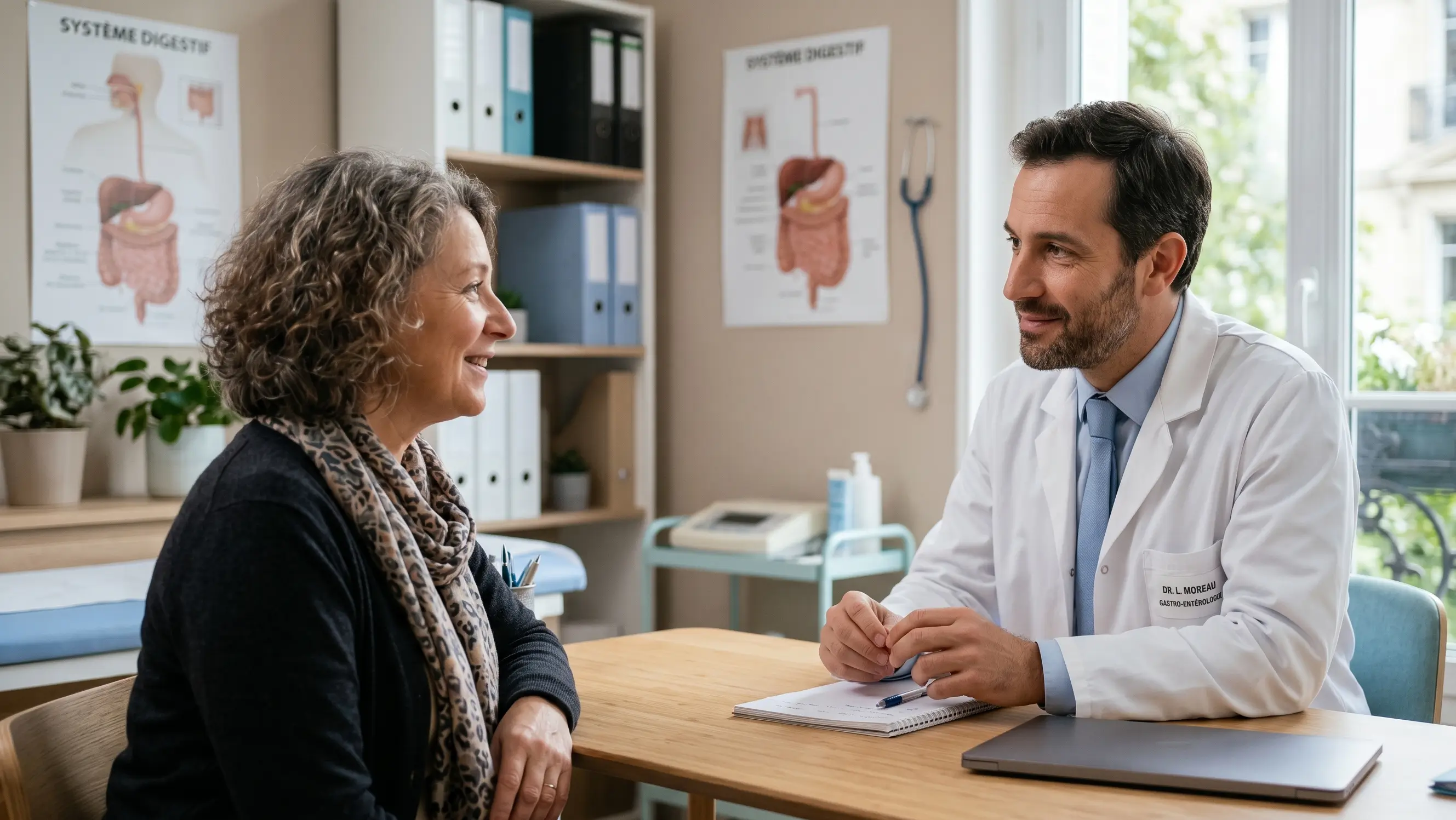 Médecin gastro-entérologue en consultation avec une patiente pour évaluer un saignement rectal et l'origine du sang dans les selles