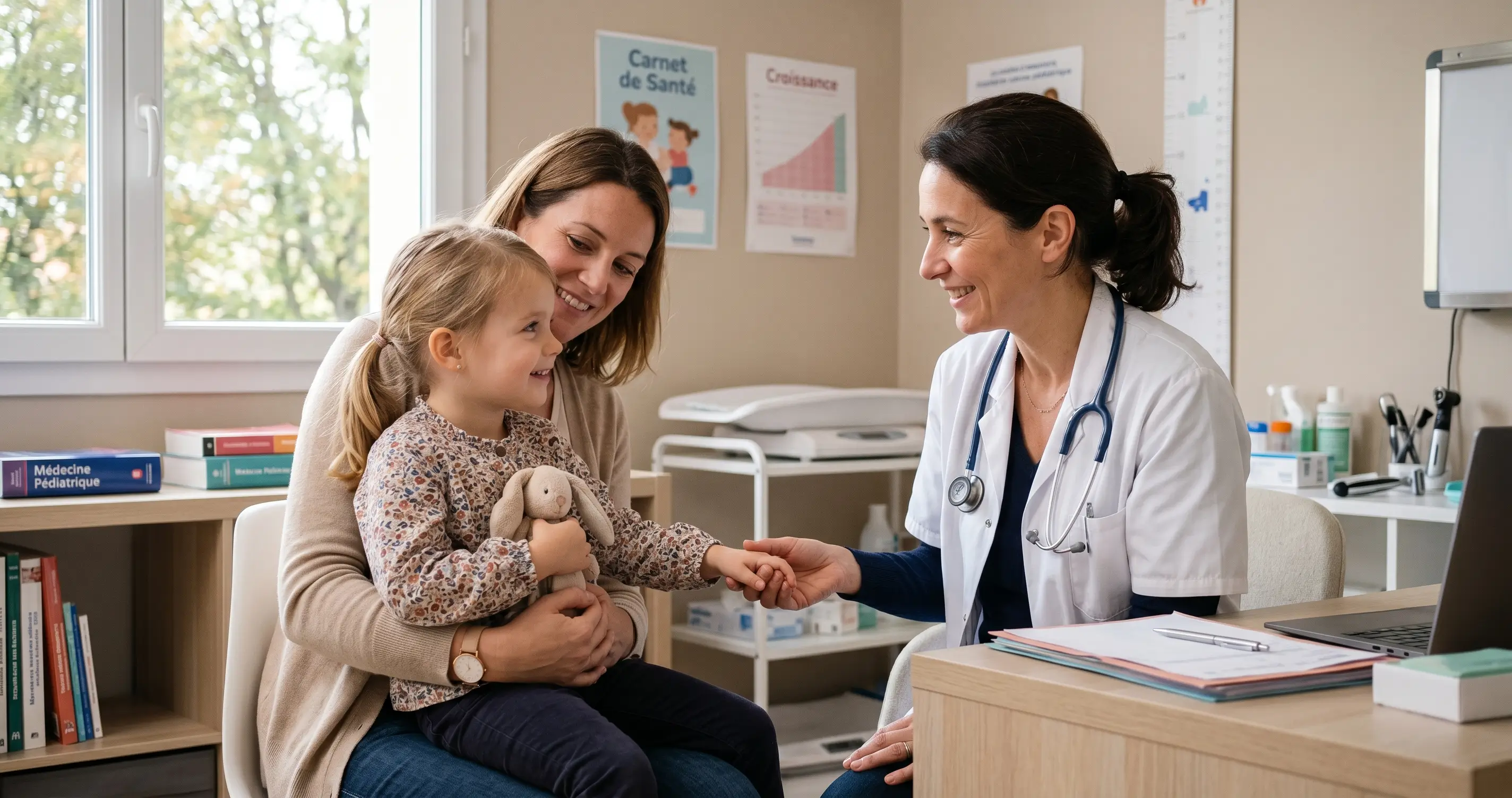 Pédiatre examinant un enfant en consultation pour un saignement digestif et du sang dans les selles