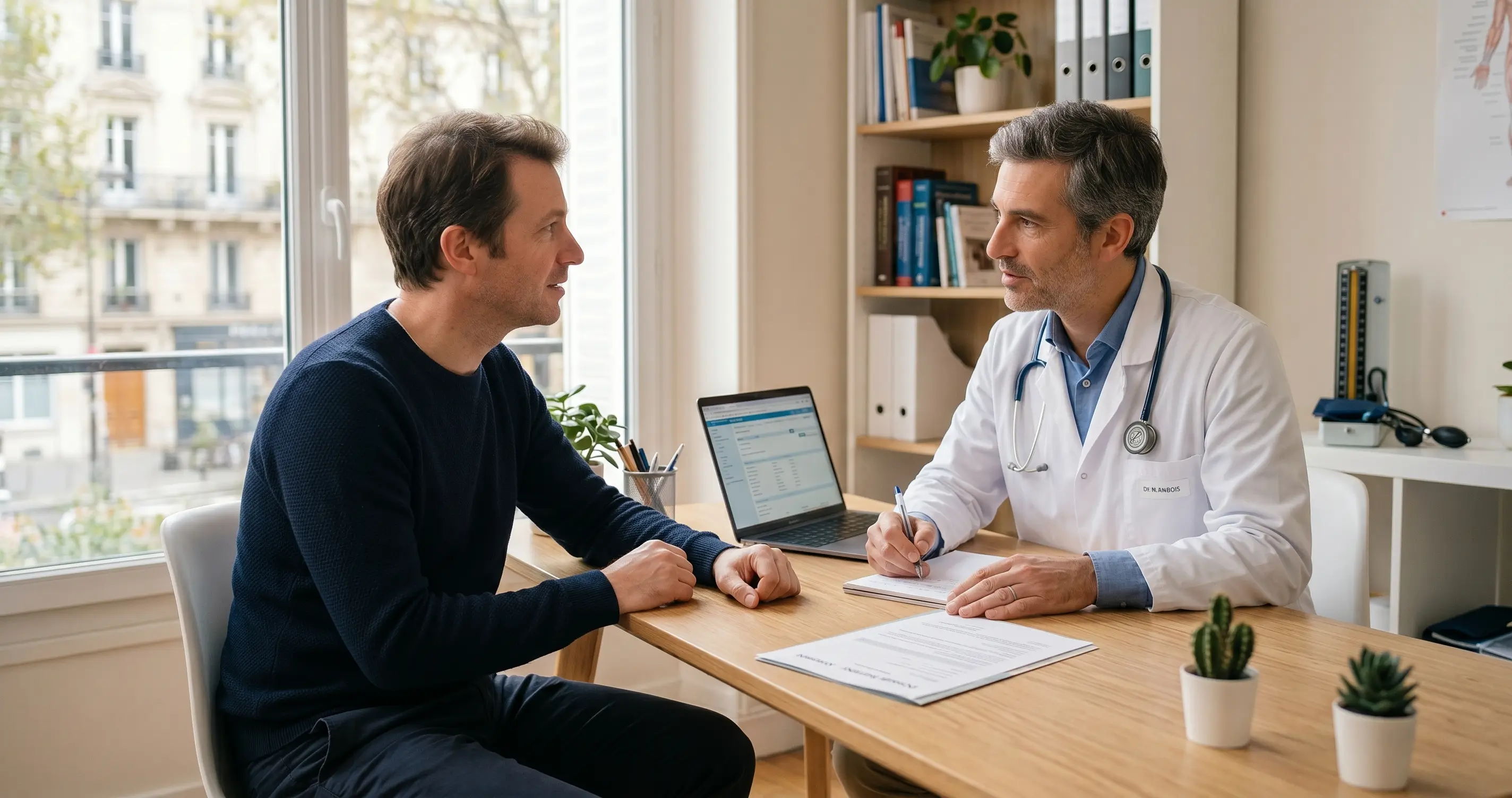 Médecin généraliste en consultation avec un patient homme pour un bilan de santé masculine