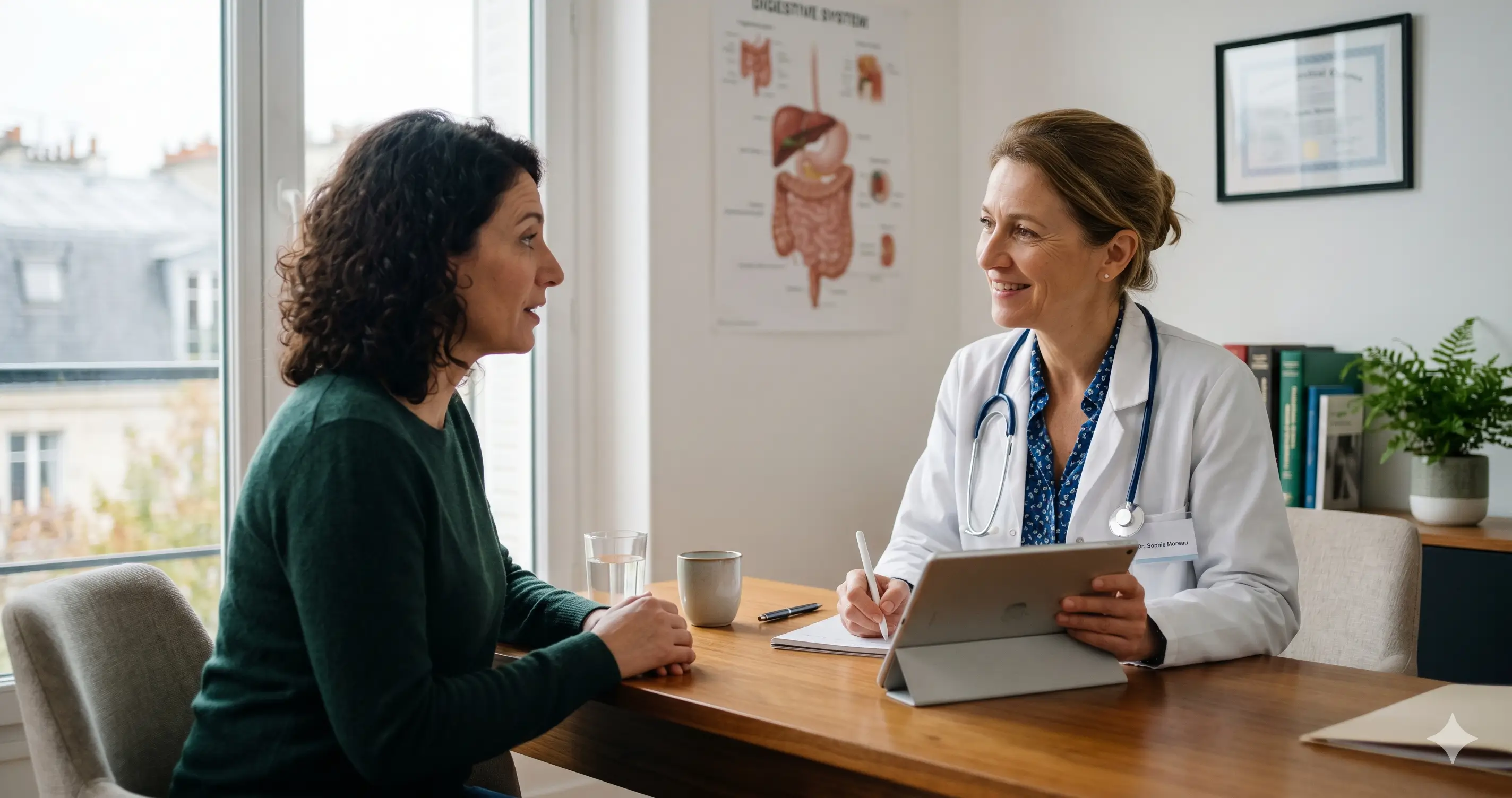 Médecin gastro-entérologue en consultation avec un patient pour évaluer des selles noires et un possible méléna