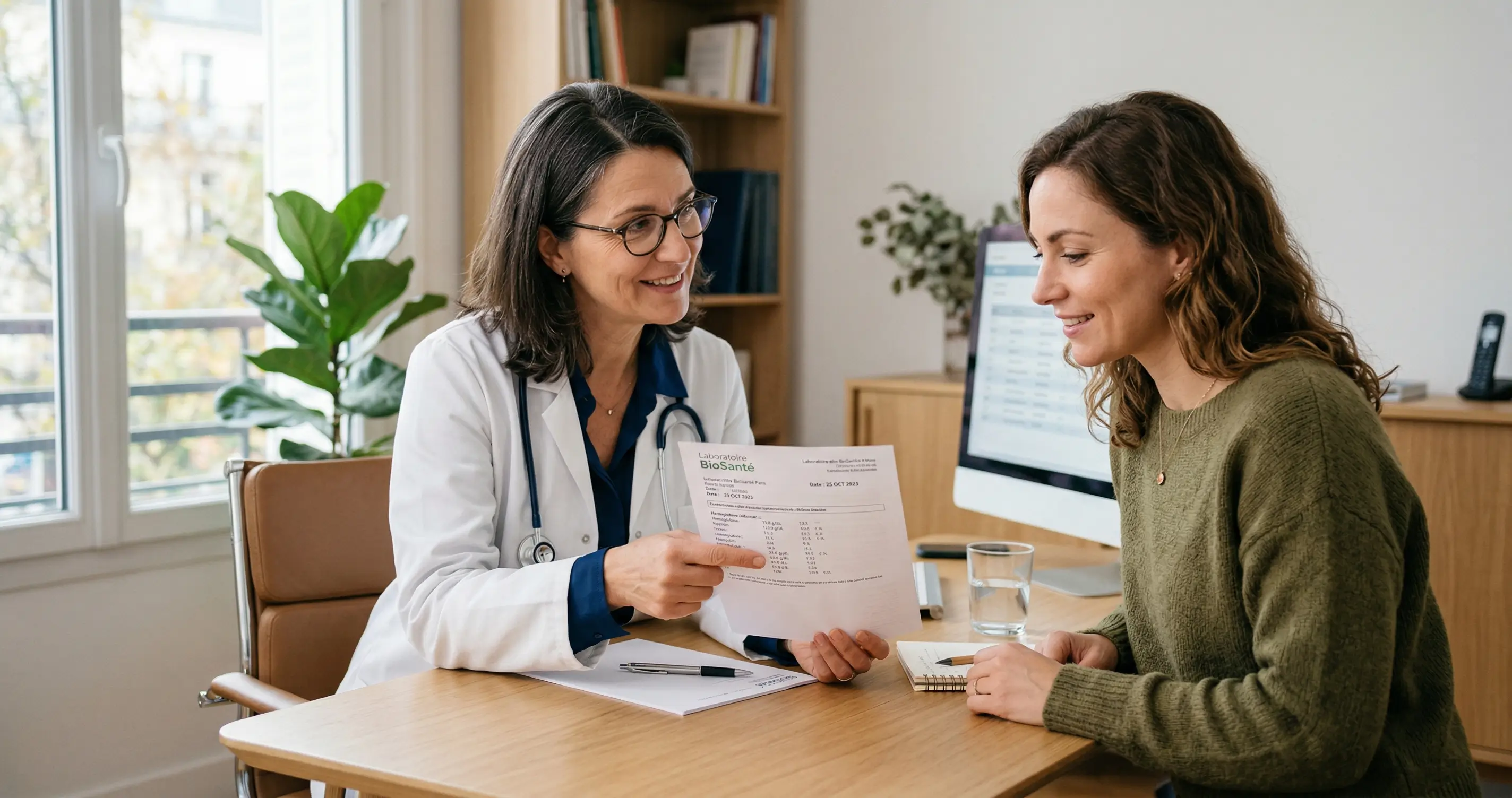Taux de ferritine : médecin expliquant les résultats d'une prise de sang à sa patiente