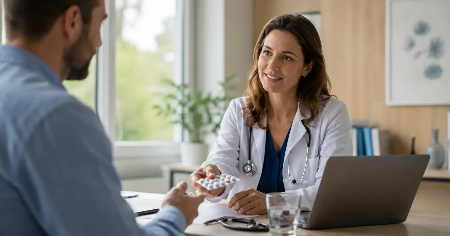 Médecin remettant une ordonnance de Célestène à un patient en consultation