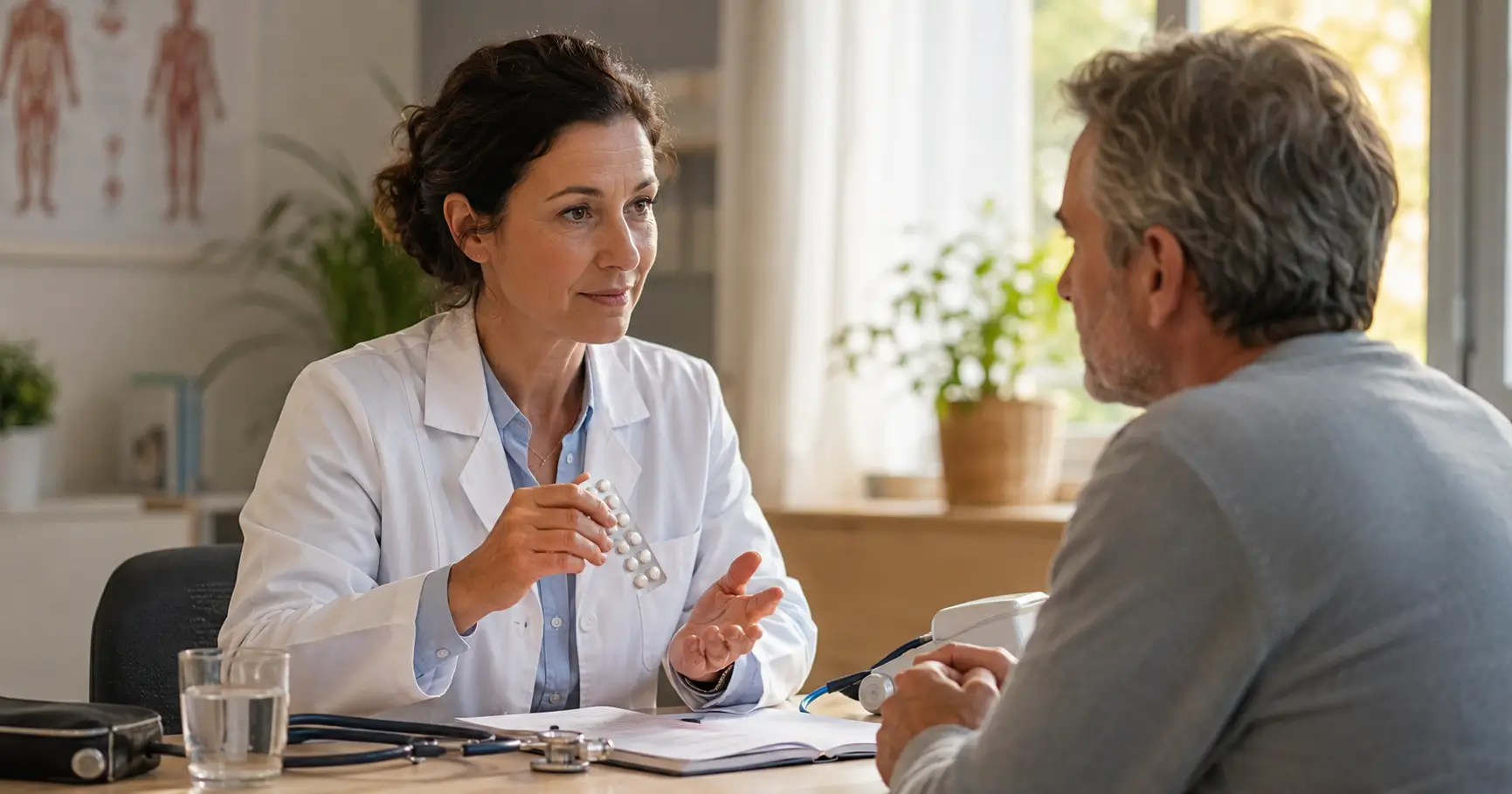 Médecin généraliste expliquant à un patient les effets secondaires du Cortancyl lors d'une consultation de suivi en cabinet médical.