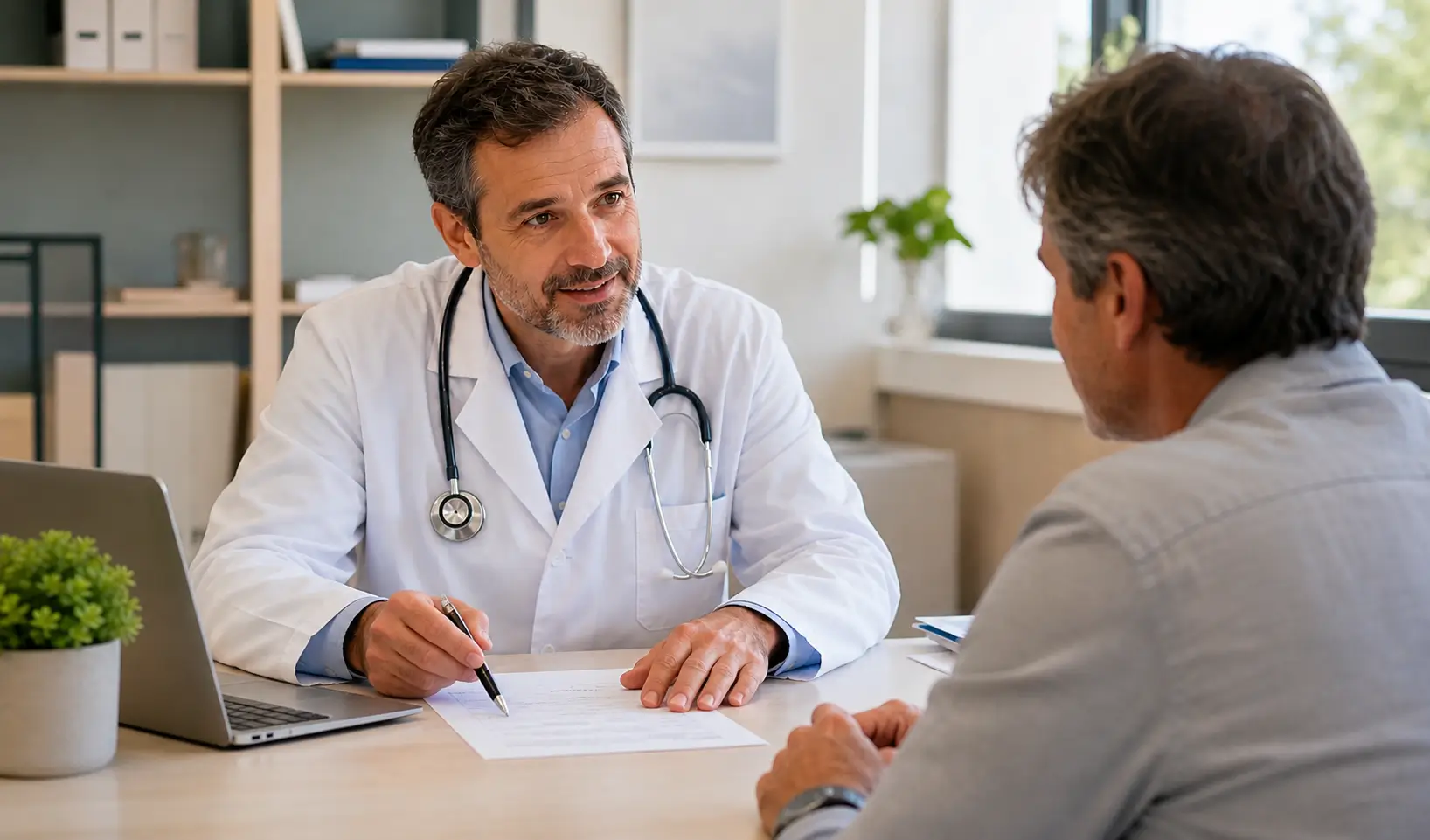 Médecin expliquant à un patient la prise quotidienne d'un traitement par corticoïdes lors d'une consultation