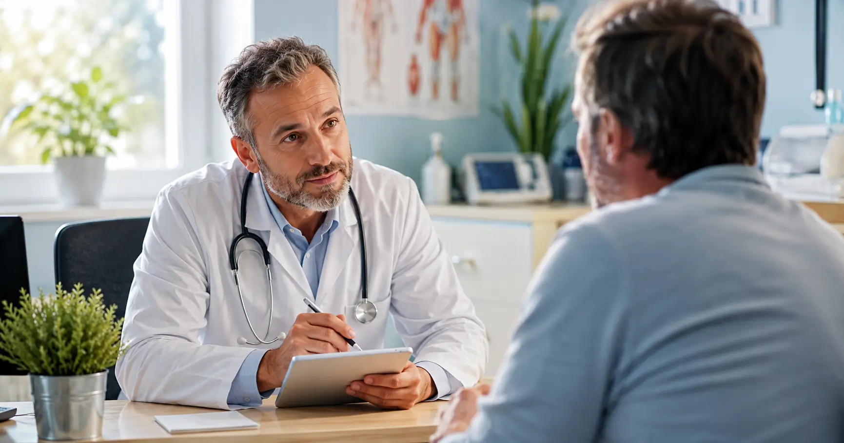 Médecin généraliste en consultation avec un patient pour évaluer les symptômes d'une infection à hantavirus en cabinet médical