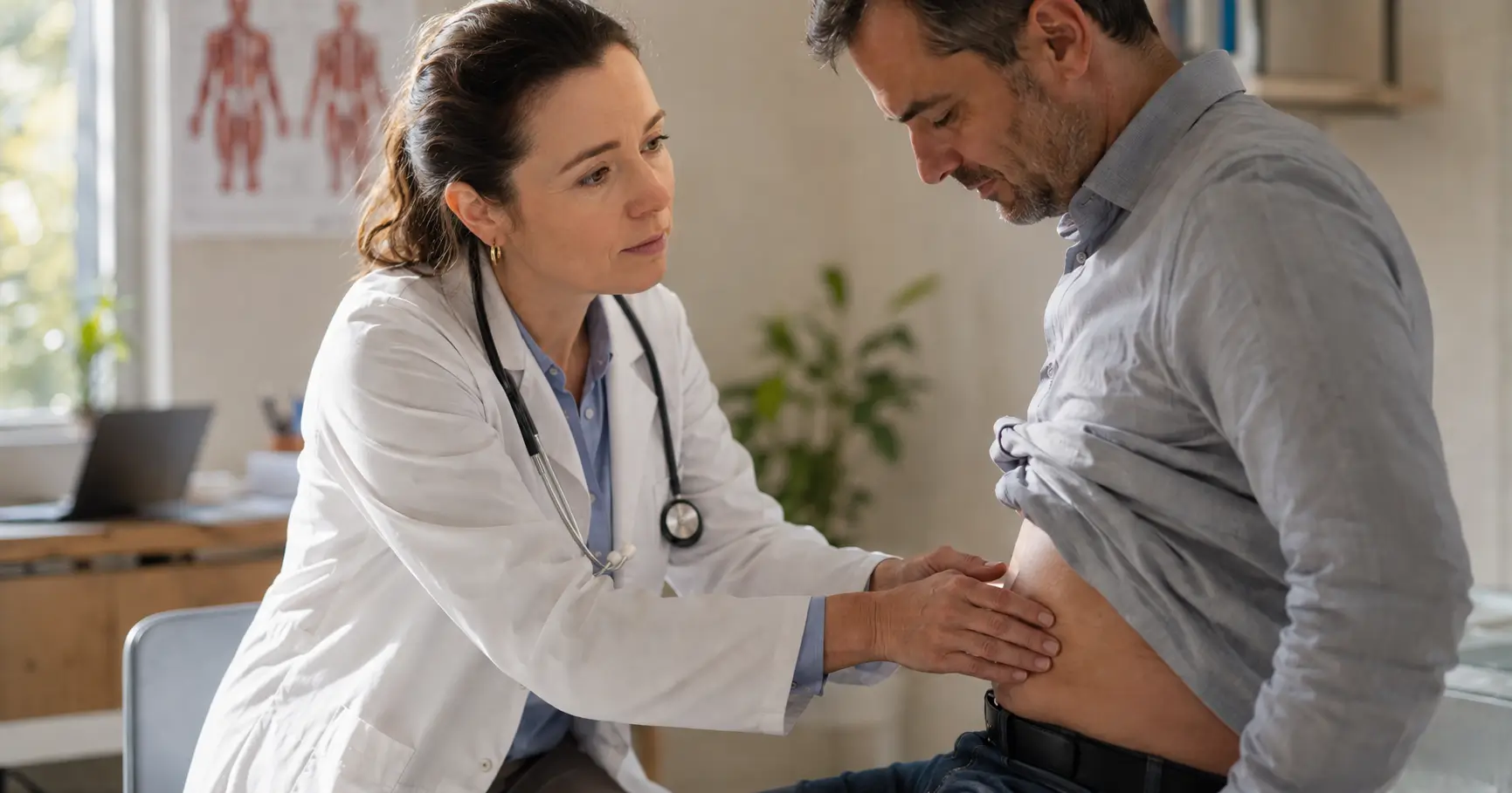 Médecin généraliste palpant le côté gauche de l'abdomen d'un patient lors d'une consultation pour mal de ventre à gauche.