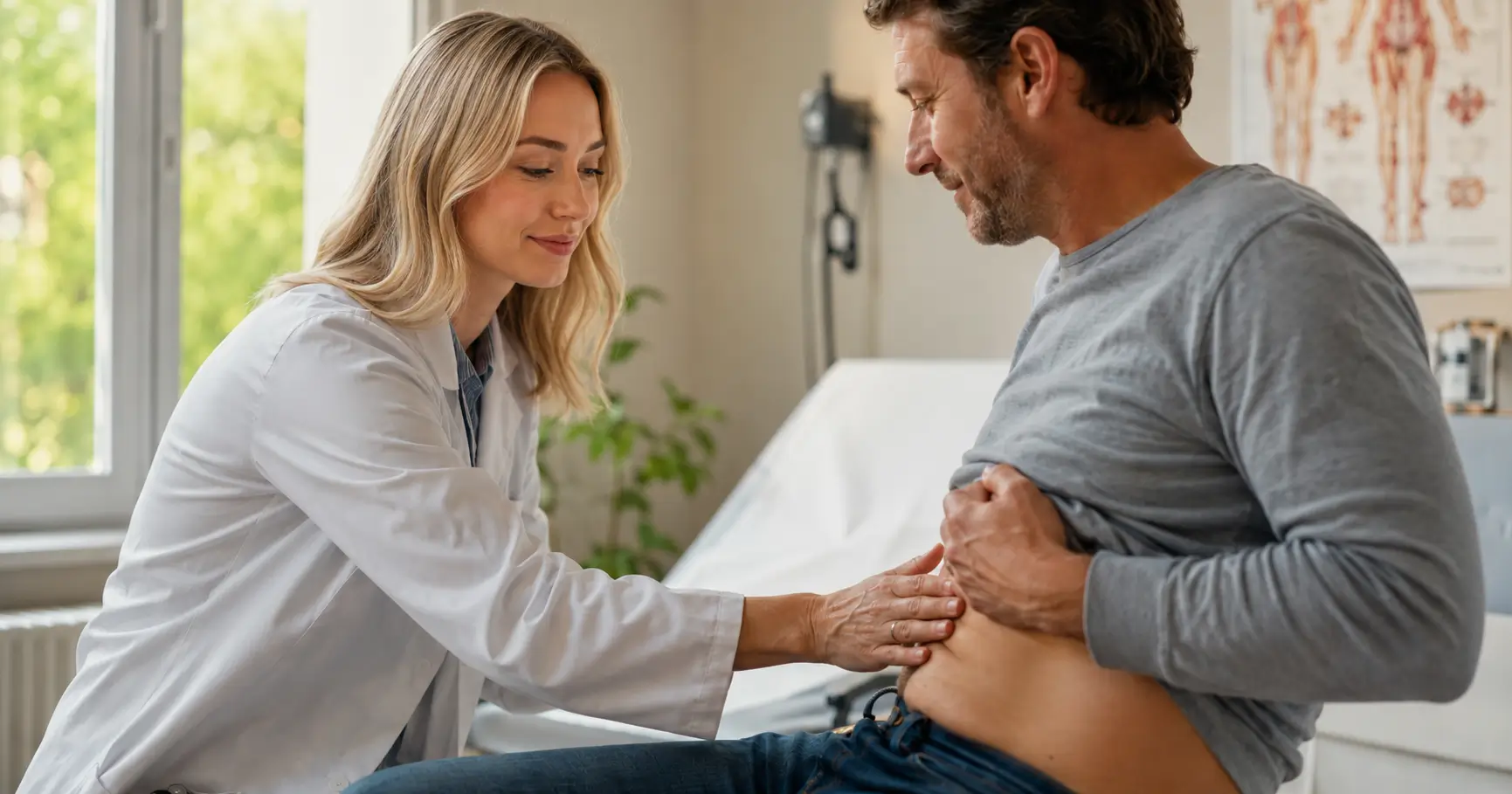 Médecin examinant le côté droit du ventre d'un patient lors d'une consultation pour douleur abdominale droite.