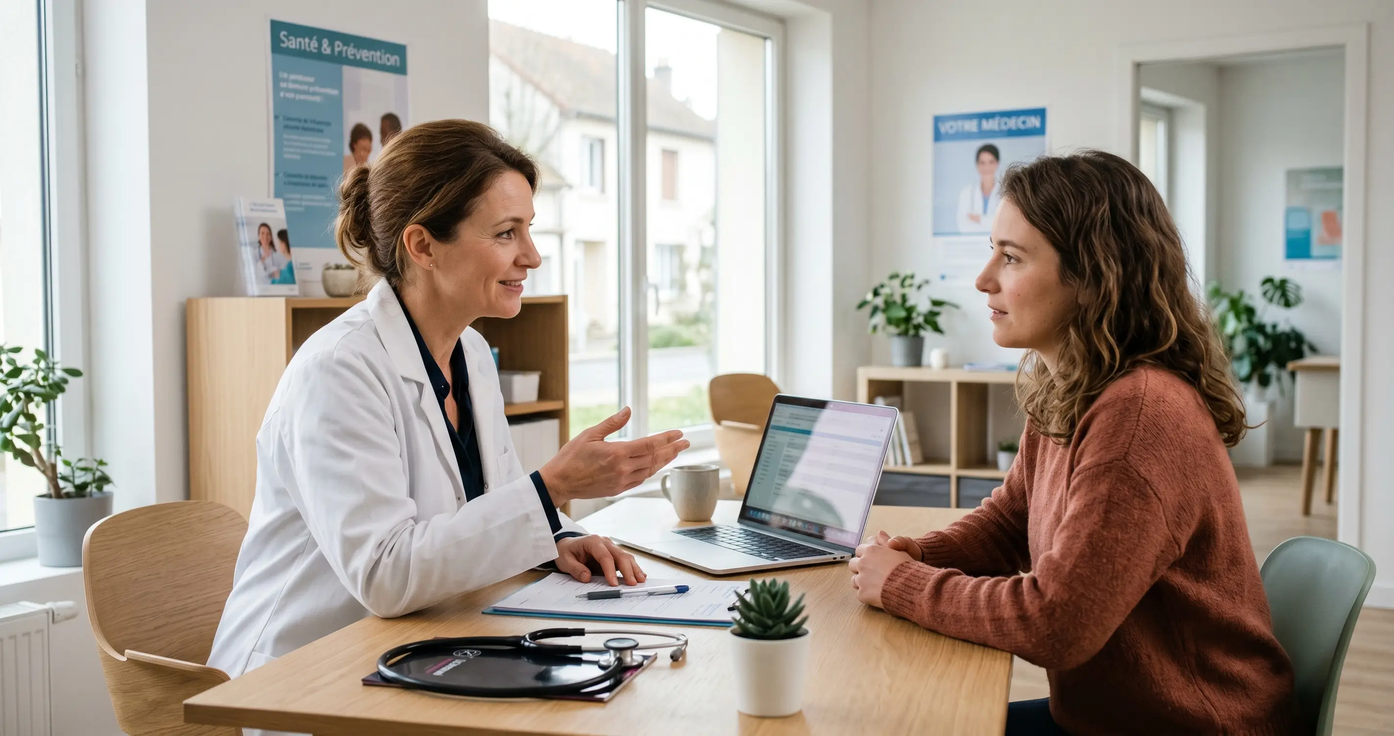 Médecin en blouse blanche expliquant le diagnostic d'une infection à Mycoplasme genitalium à une patiente lors d'une consultation en cabinet médical